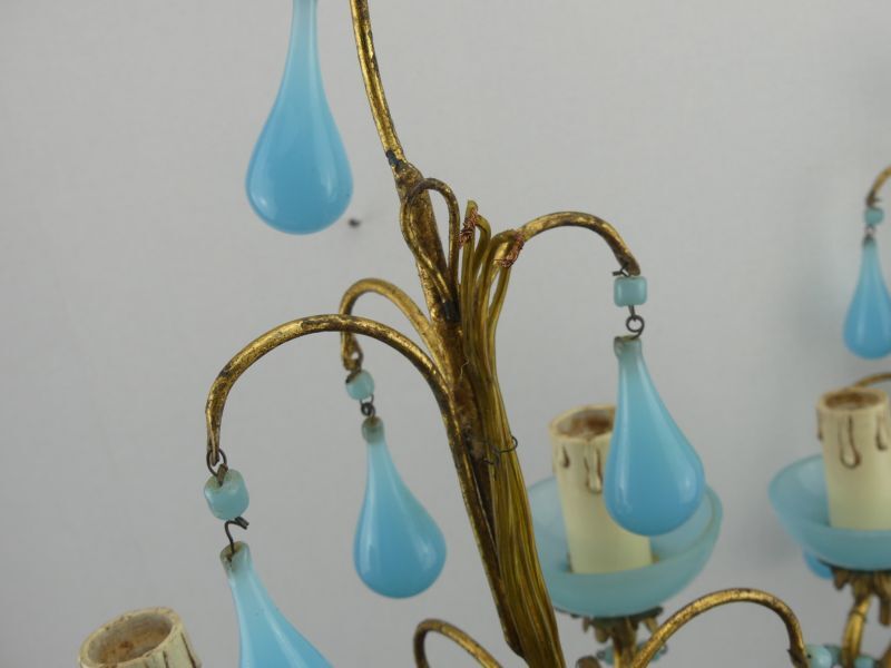 Pair of vintage wall lamps Murano blue opaline tassels