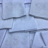 Set of 12 vintage white napkins with lilacs, monogrammed GSS.