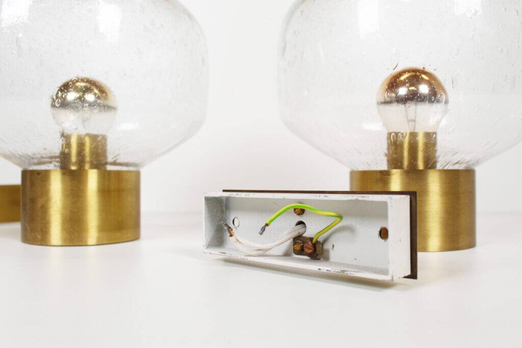 Pair of vintage brass and mouth blown glass wall lights