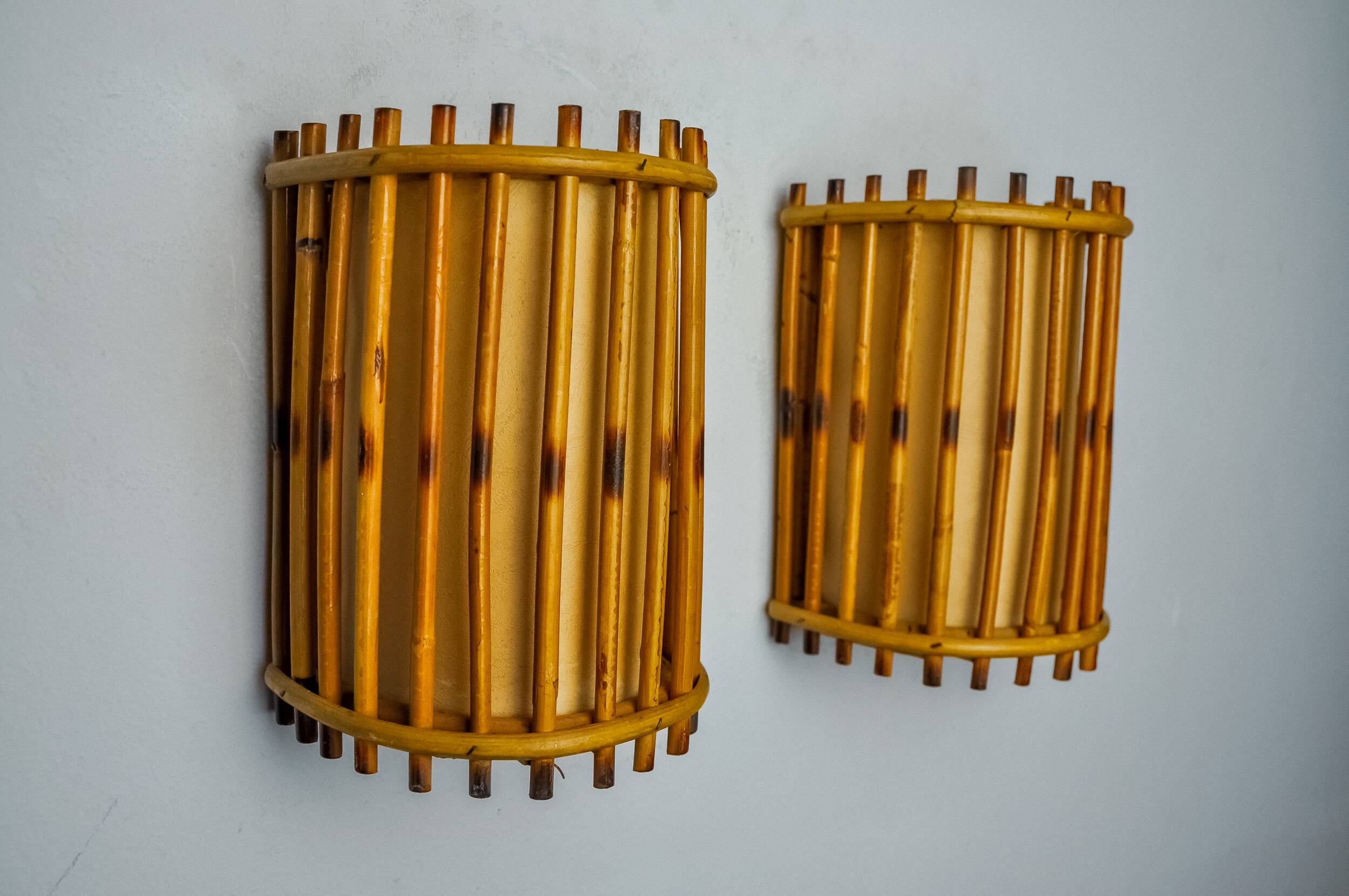 Pair of rattan wall lights, France, 1960