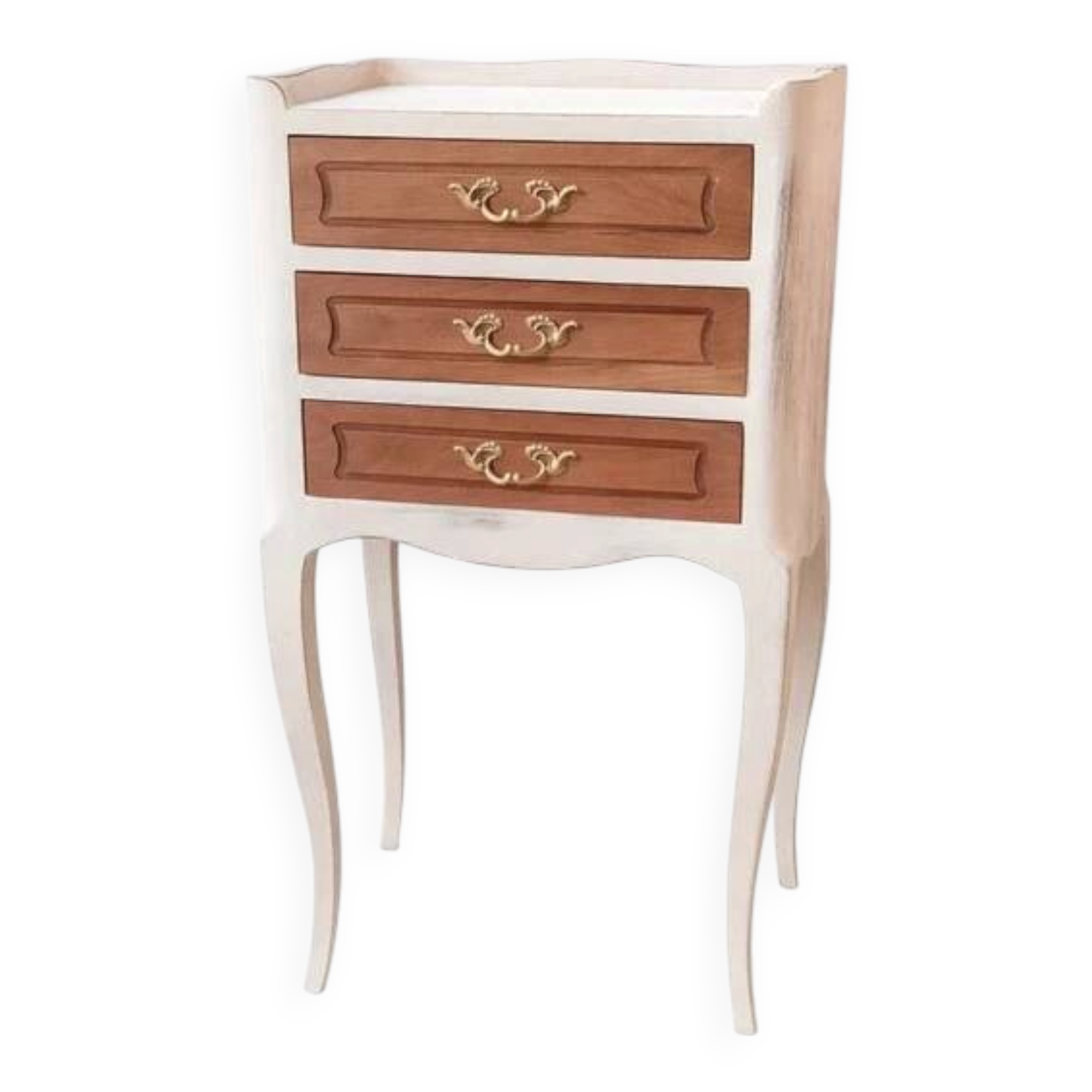 Nightstand with 3 drawers, white patina.