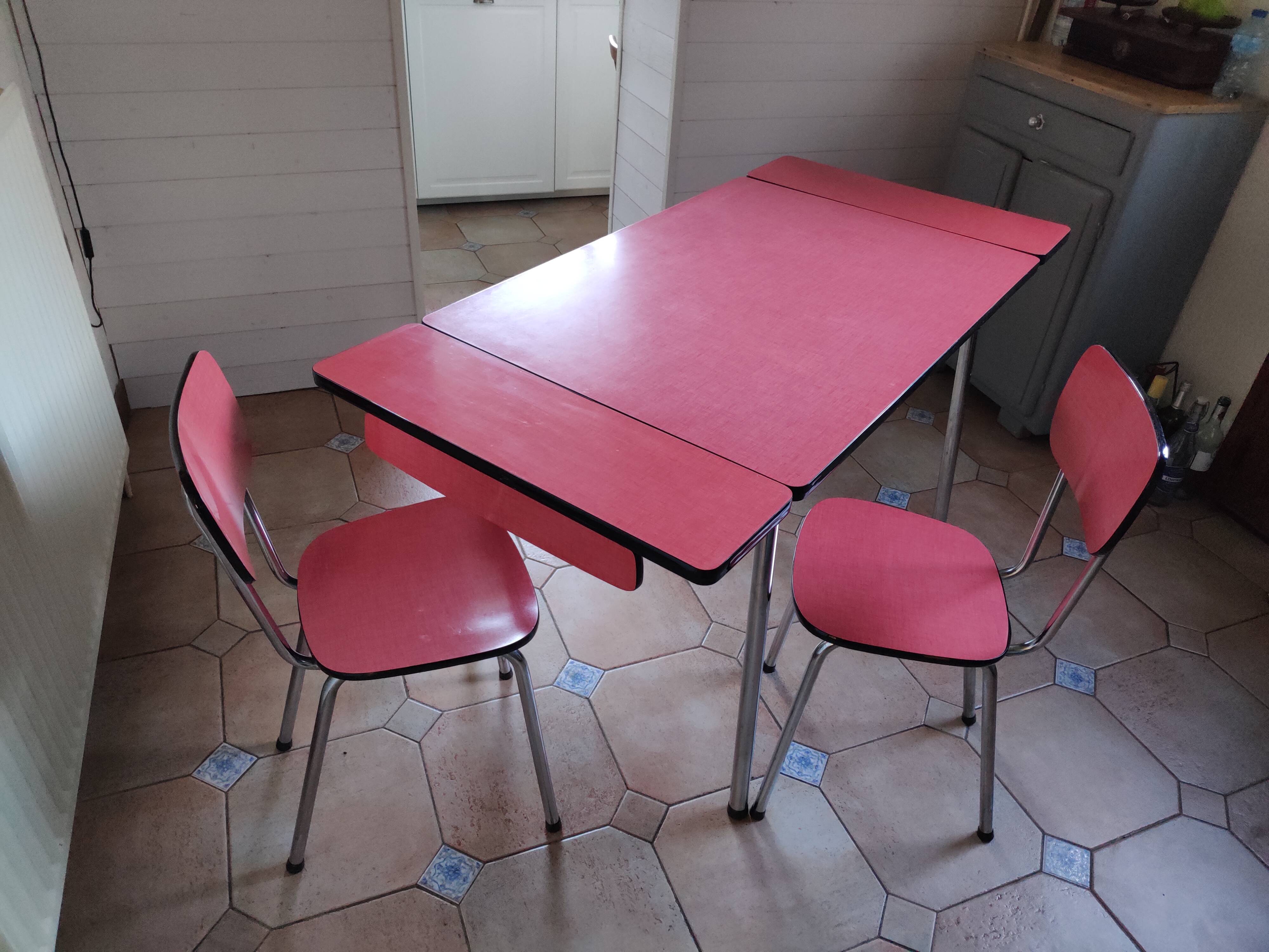 Red vintage formica table and 2 chairs