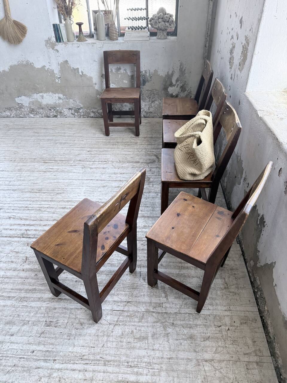 Set of 4 Savoyard pine folk art chairs from the 1950s.