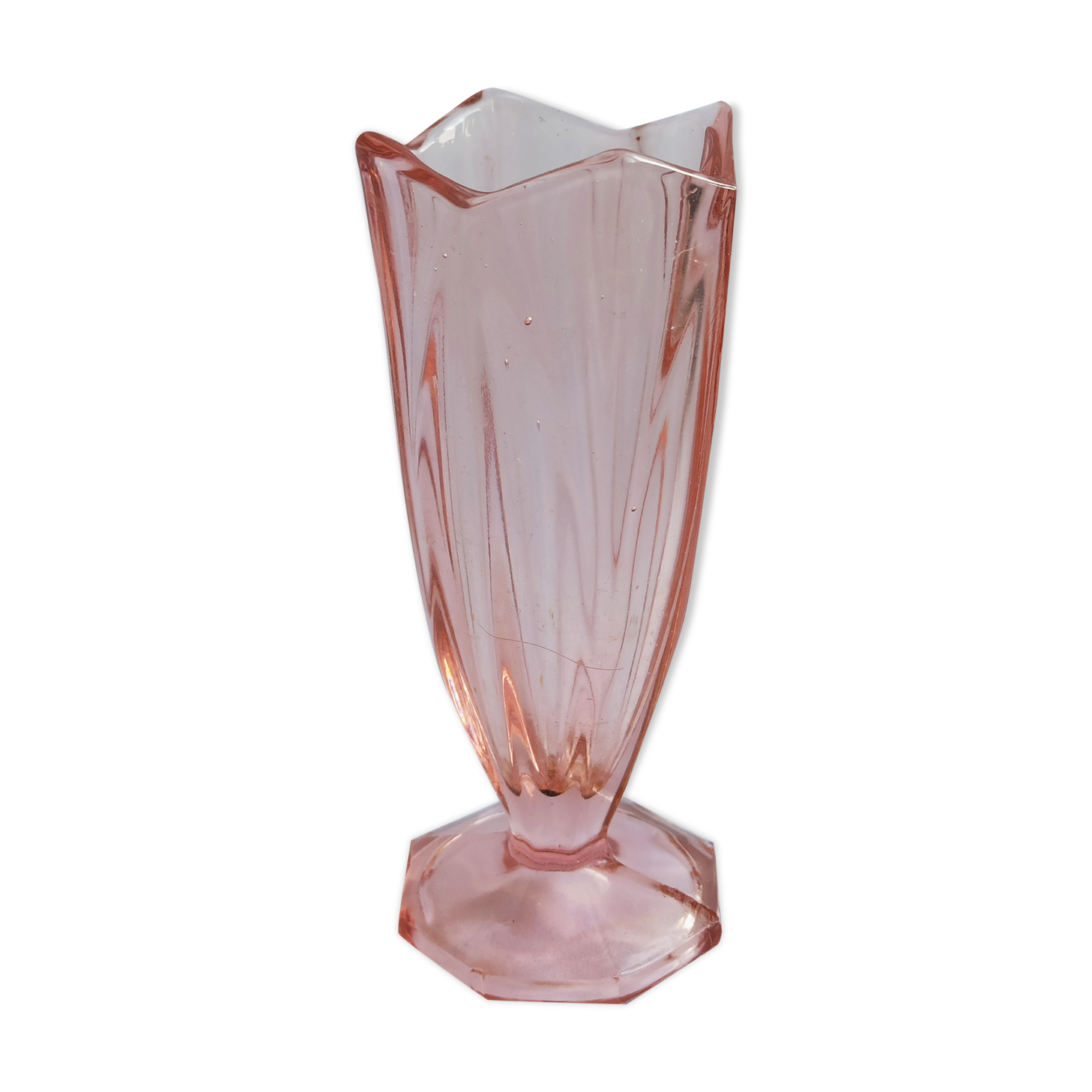 Pink Art Deco tulip vase in moulded glass