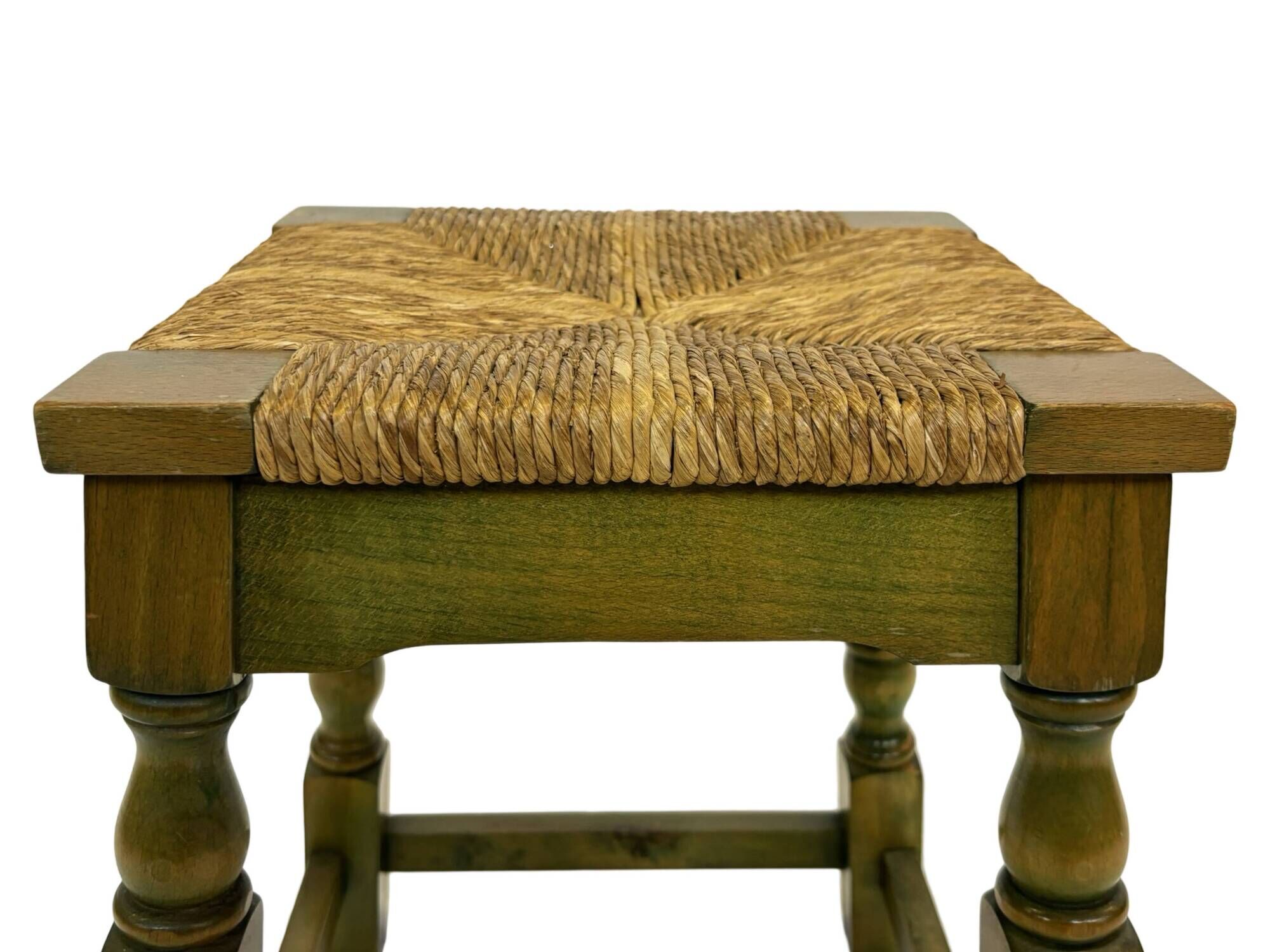 Vintage wooden stool straw seat 70s minimalist design in green