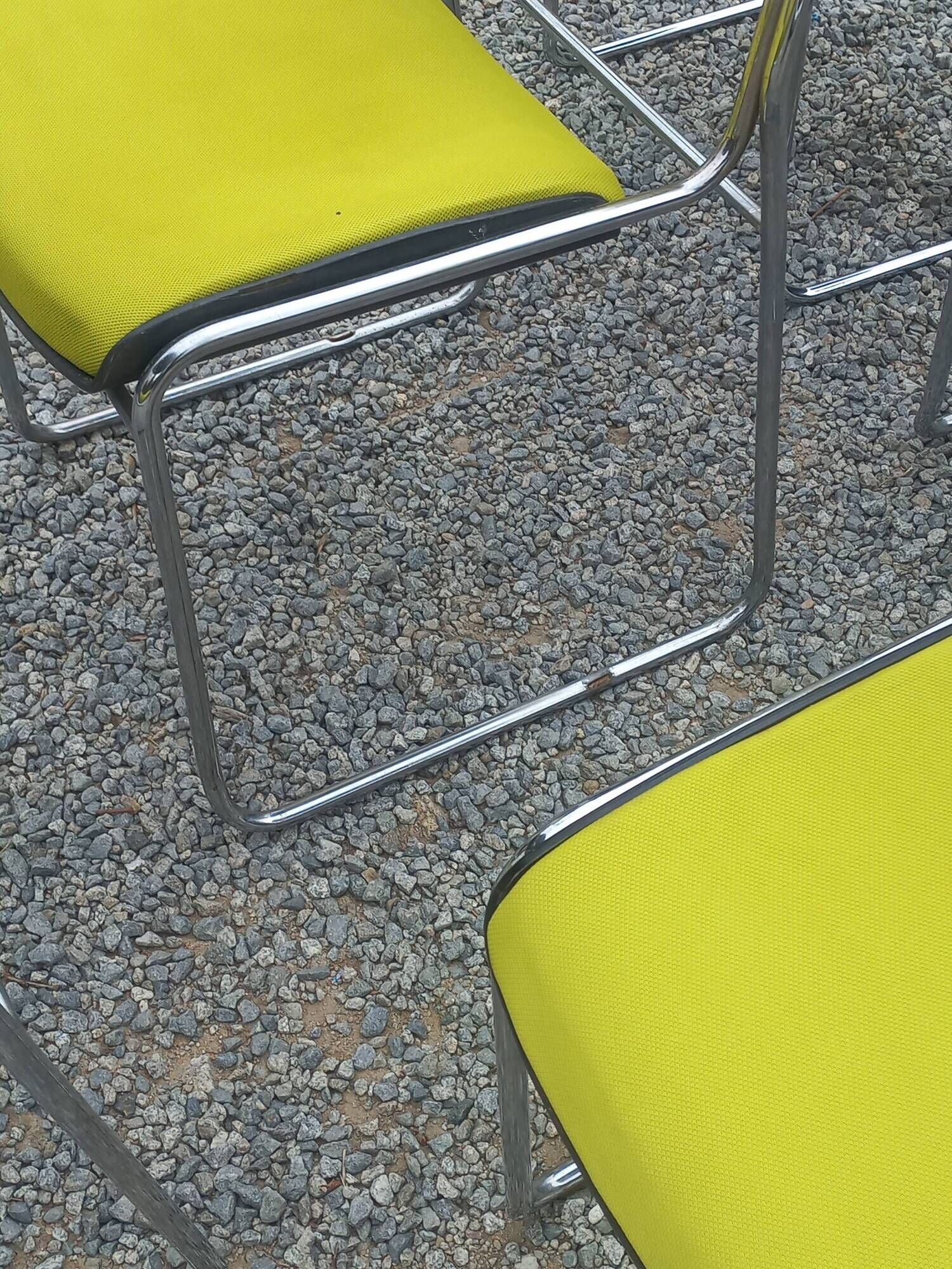 Set of 6 designer chairs with wooden seats and backs, chrome legs.