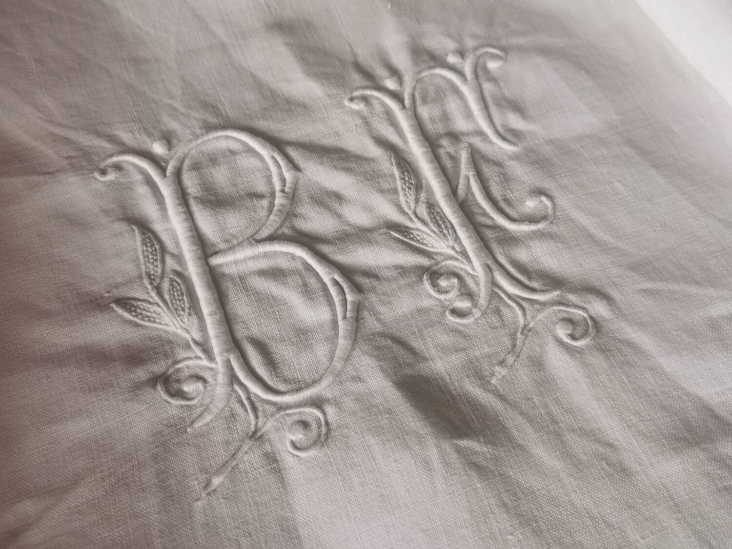 Old very large linen sheet monogrammed BF