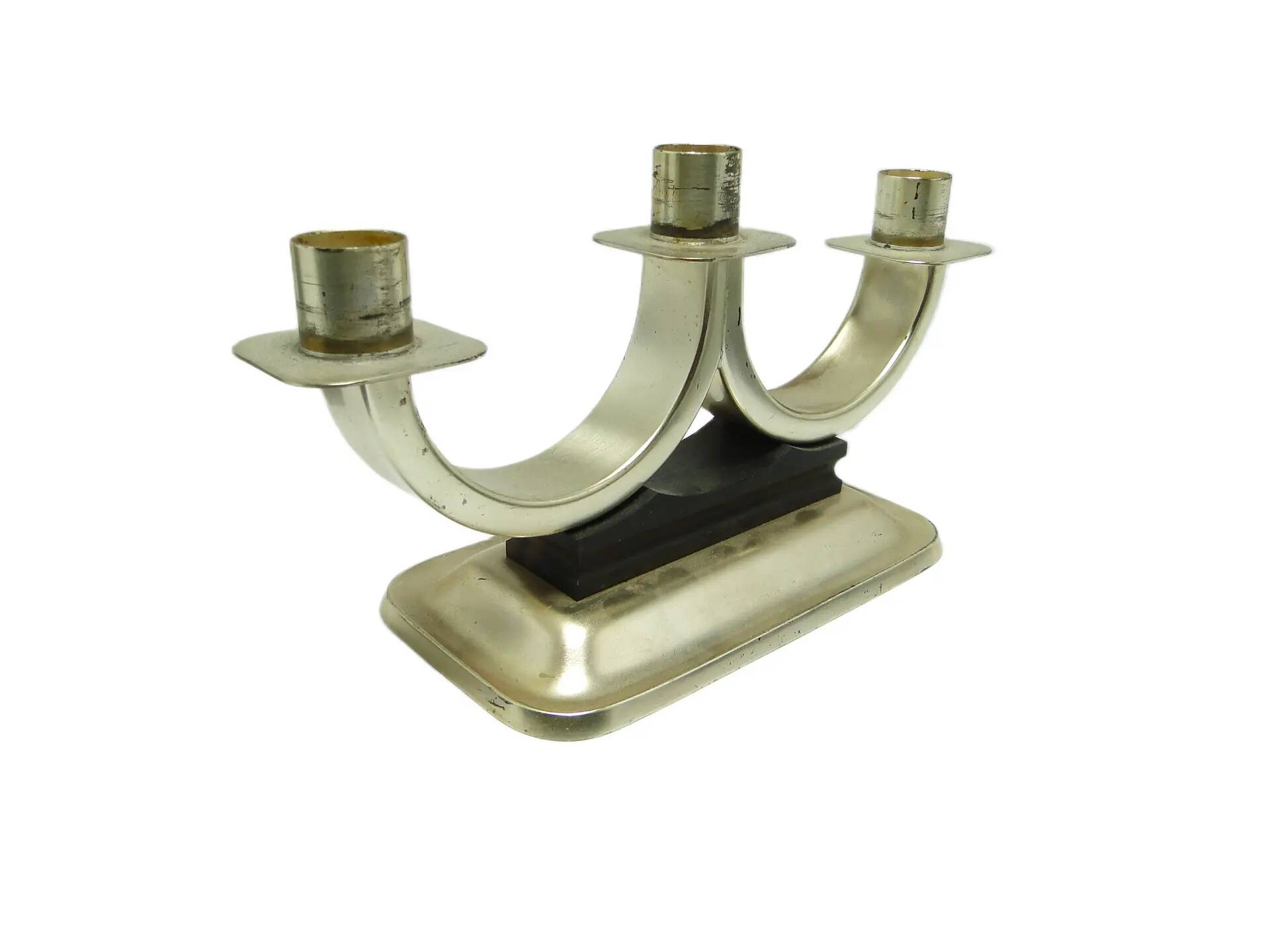 Three-armed candlestick, Art Deco, silver-plated brass, Quist, Germany, 1950s