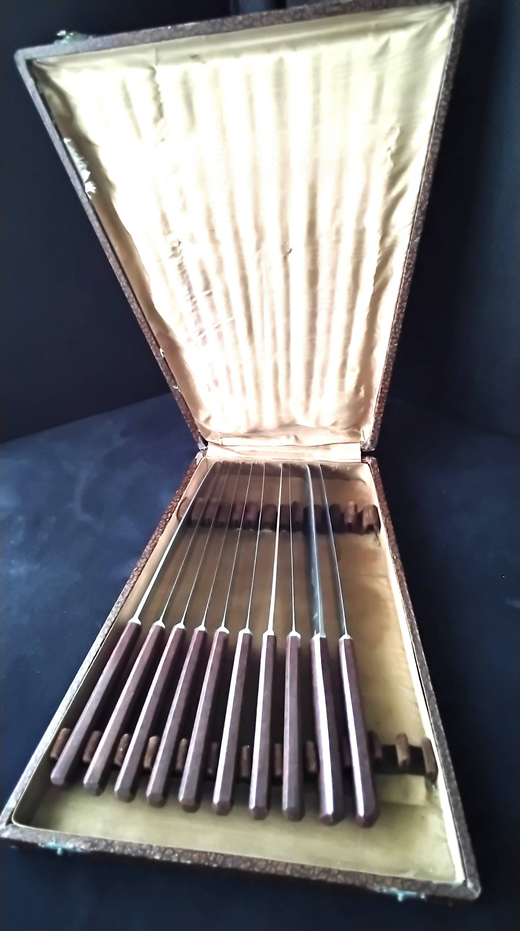 Coffret de 10 couteaux vintage  manches en bakélite brune