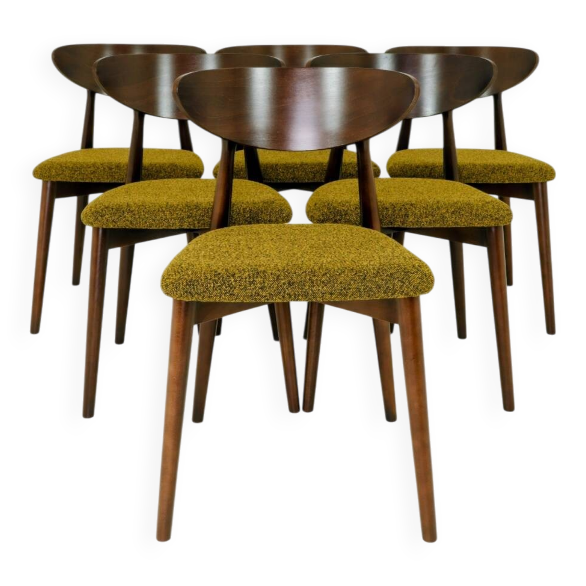 Set of 6 Modern Beech Wood Dining Chair, Yellow Bouclè, Dark Wood