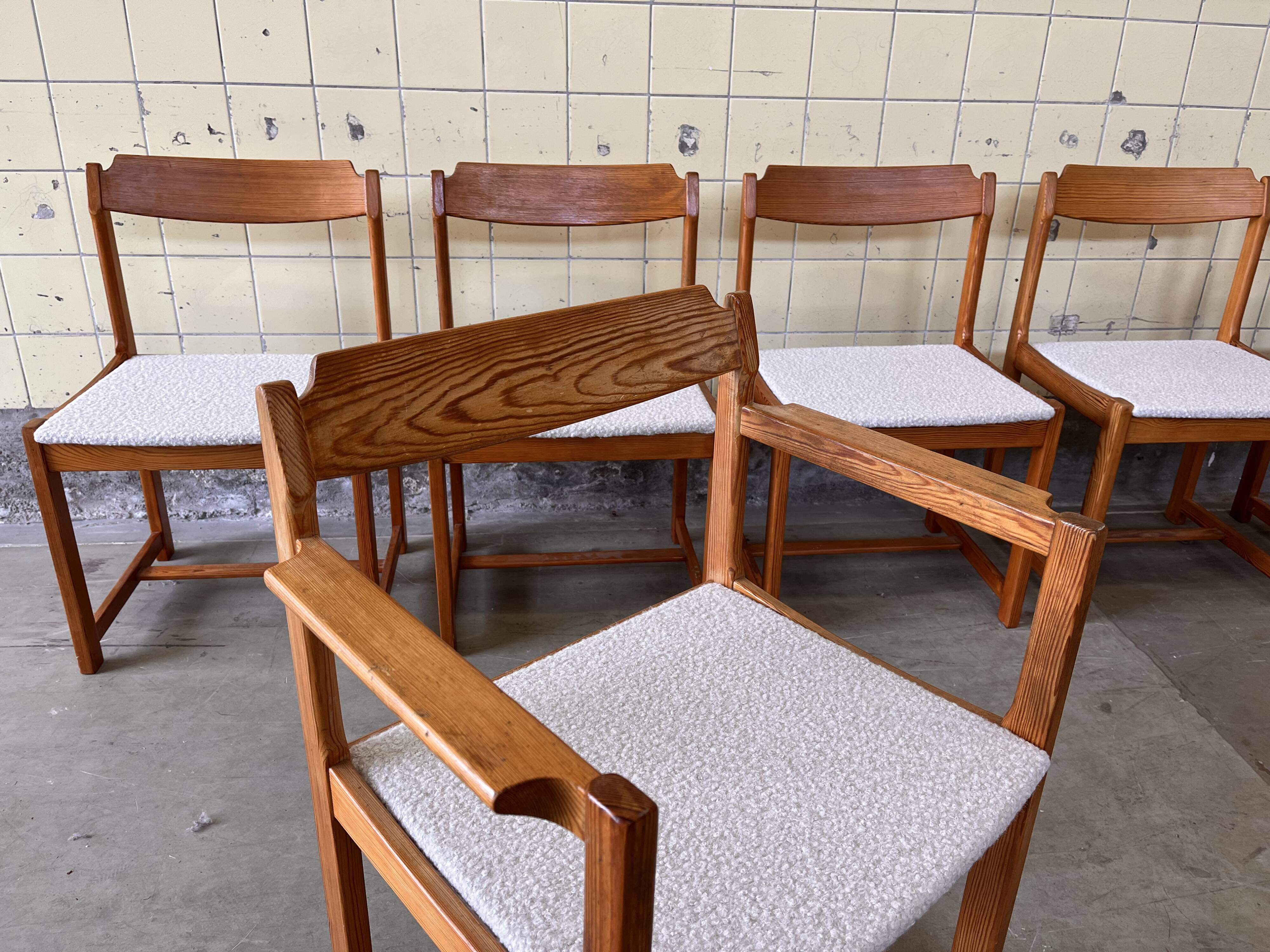 Set of six brutalist dining chairs in pine