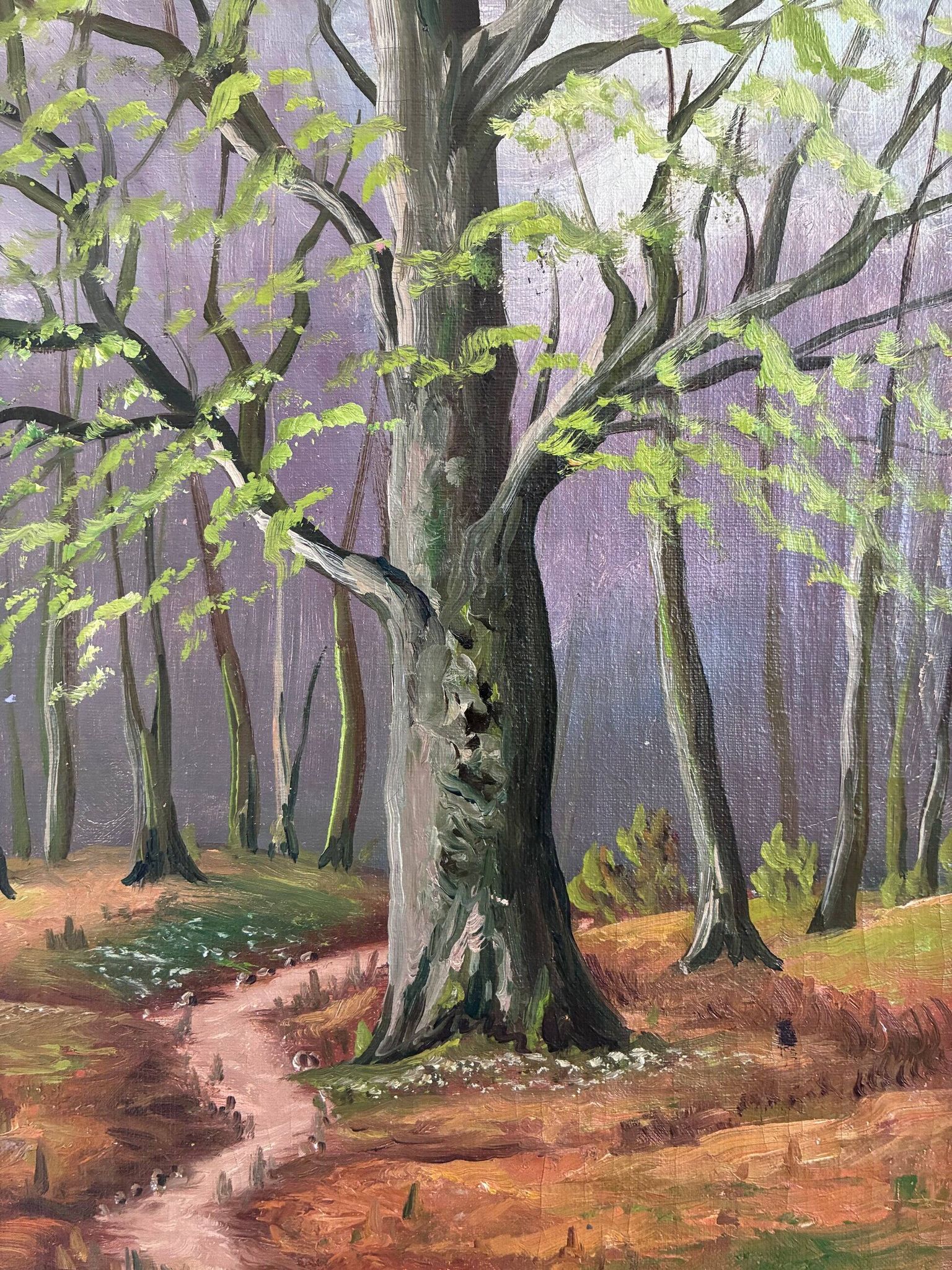 Vintage original forest landscape oil painting, circa 1960s