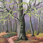 Vintage original forest landscape oil painting, circa 1960s
