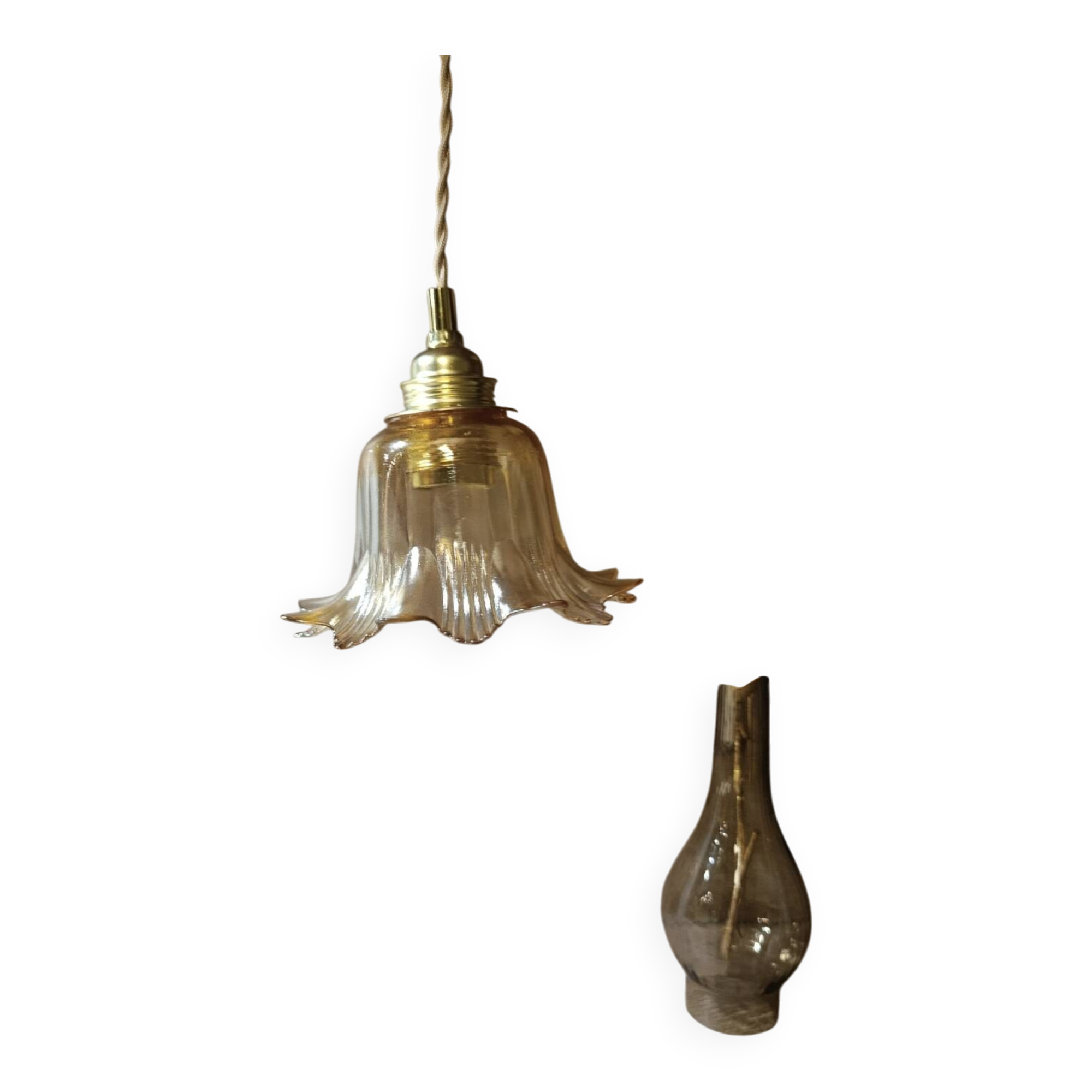 Amber tulip glass portable lamp, golden braided cord.