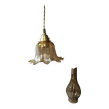 Amber tulip glass portable lamp, golden braided cord.