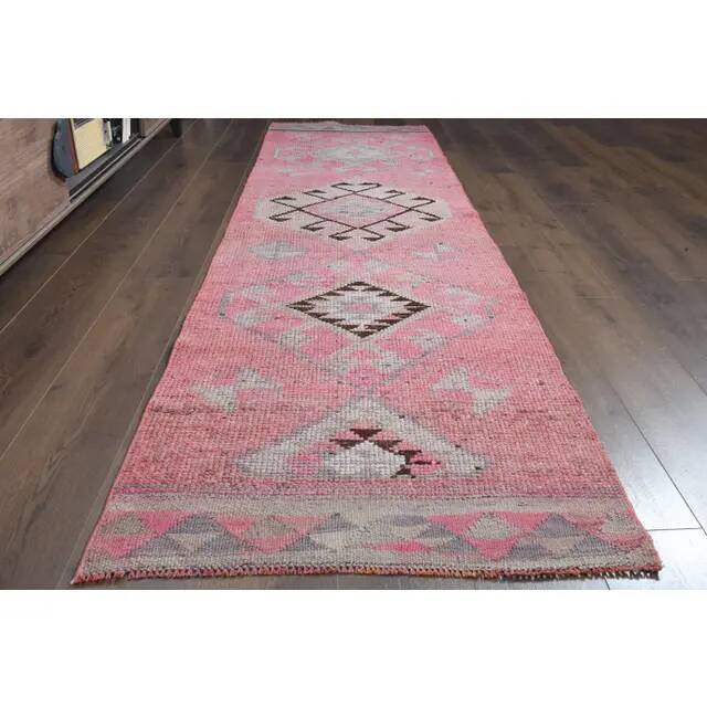 1970s Turkish Oushak Handmade Wool Cotton Pink Area Rug 84x304