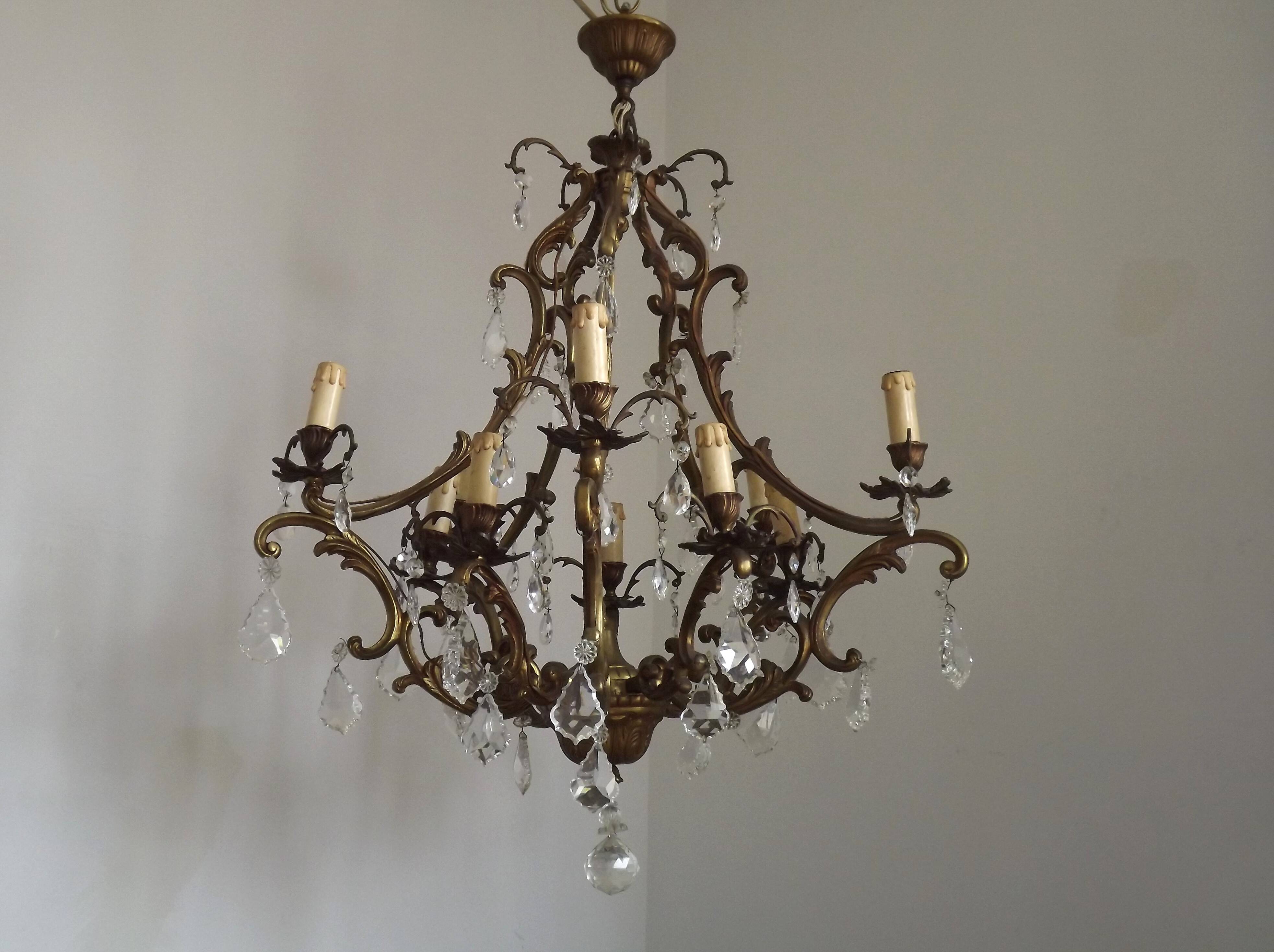 10 Light 5 Sided Bronze and Crystal Cage Chandelier