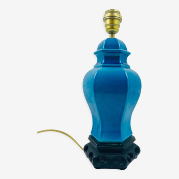 Pied de lampe bleu turquoise craquelé, esprit chinois