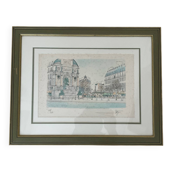 Lithographie Place St Michel à Paris