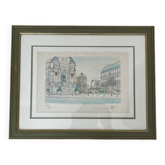 Lithographie Place St Michel à Paris