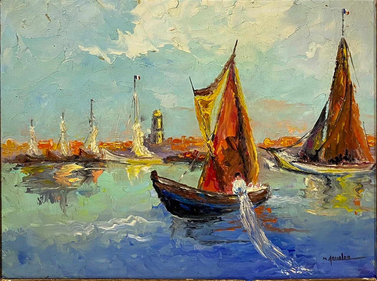 Tableau ancien, Marine à Saint-Tropez, signé, années 50/60