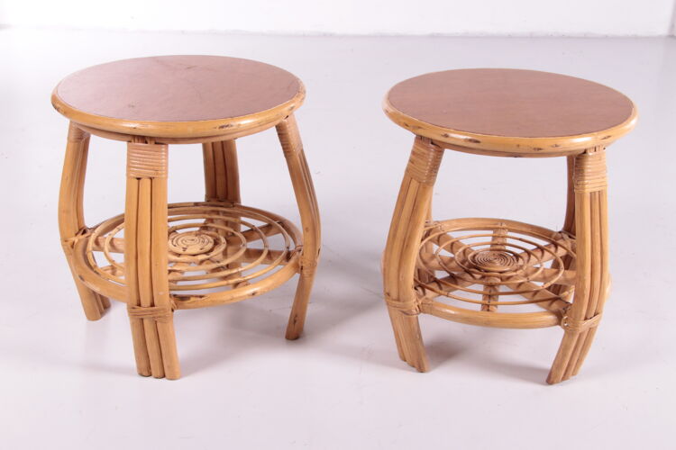 Ensemble de fauteuils lounge en bambou et pouf avec tables d’appoint Paul Frankl, années 1960