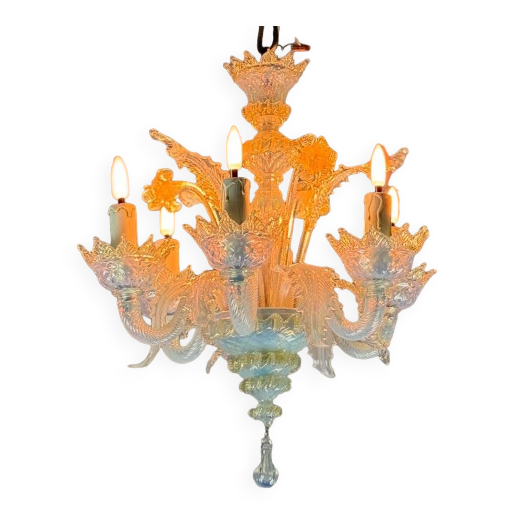 Small Venetian Chandelier In Opalescent Blue And Gold Murano Glass, 6 Arms Of Light Circa 1950
