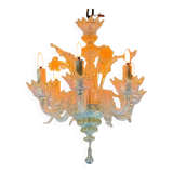 Small Venetian Chandelier In Opalescent Blue And Gold Murano Glass, 6 Arms Of Light Circa 1950