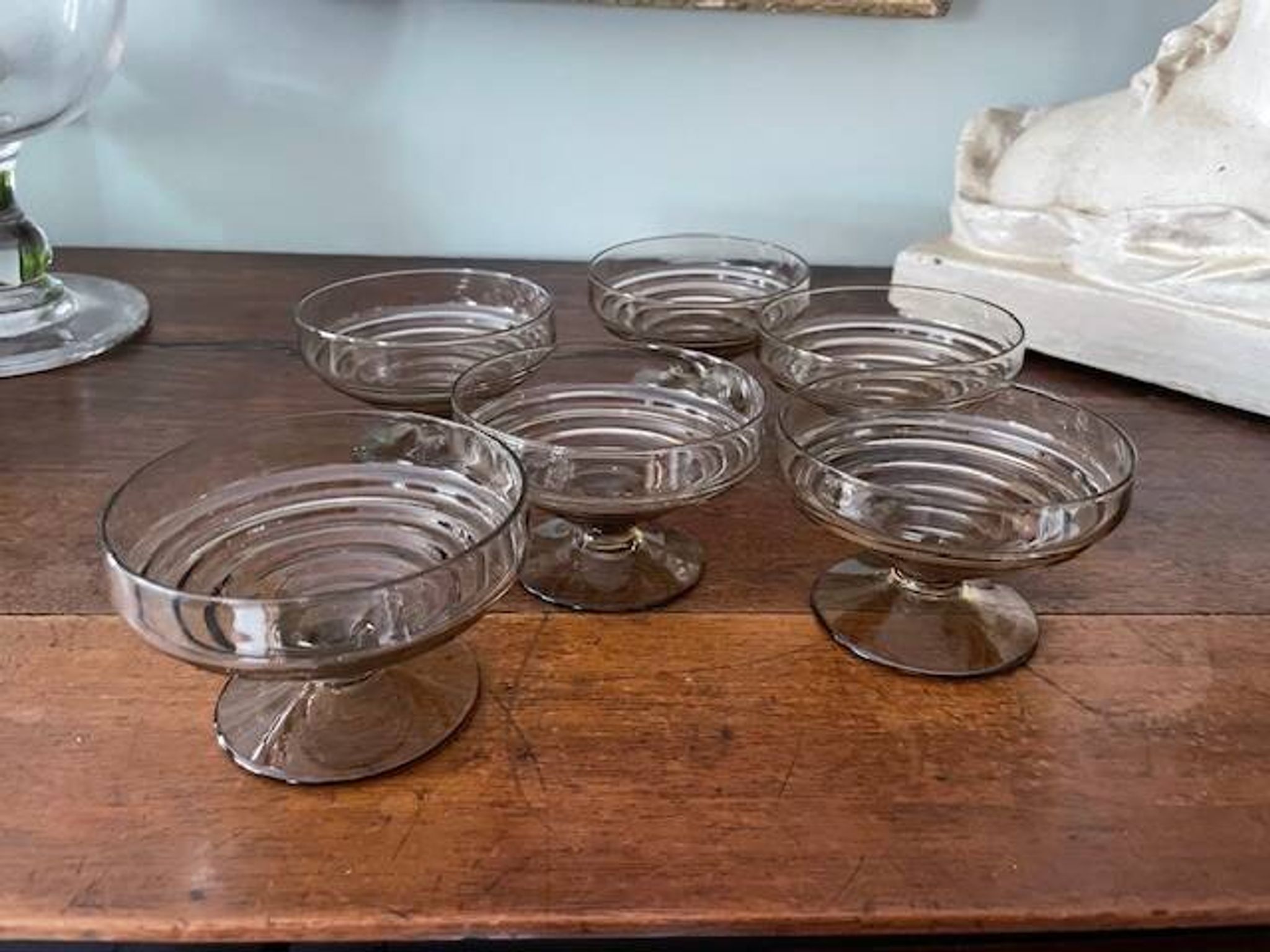6 vintage ice cream coupes, blown glass brown fruit