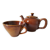 Duo théière et tasse vintage émail brun caramel années 70