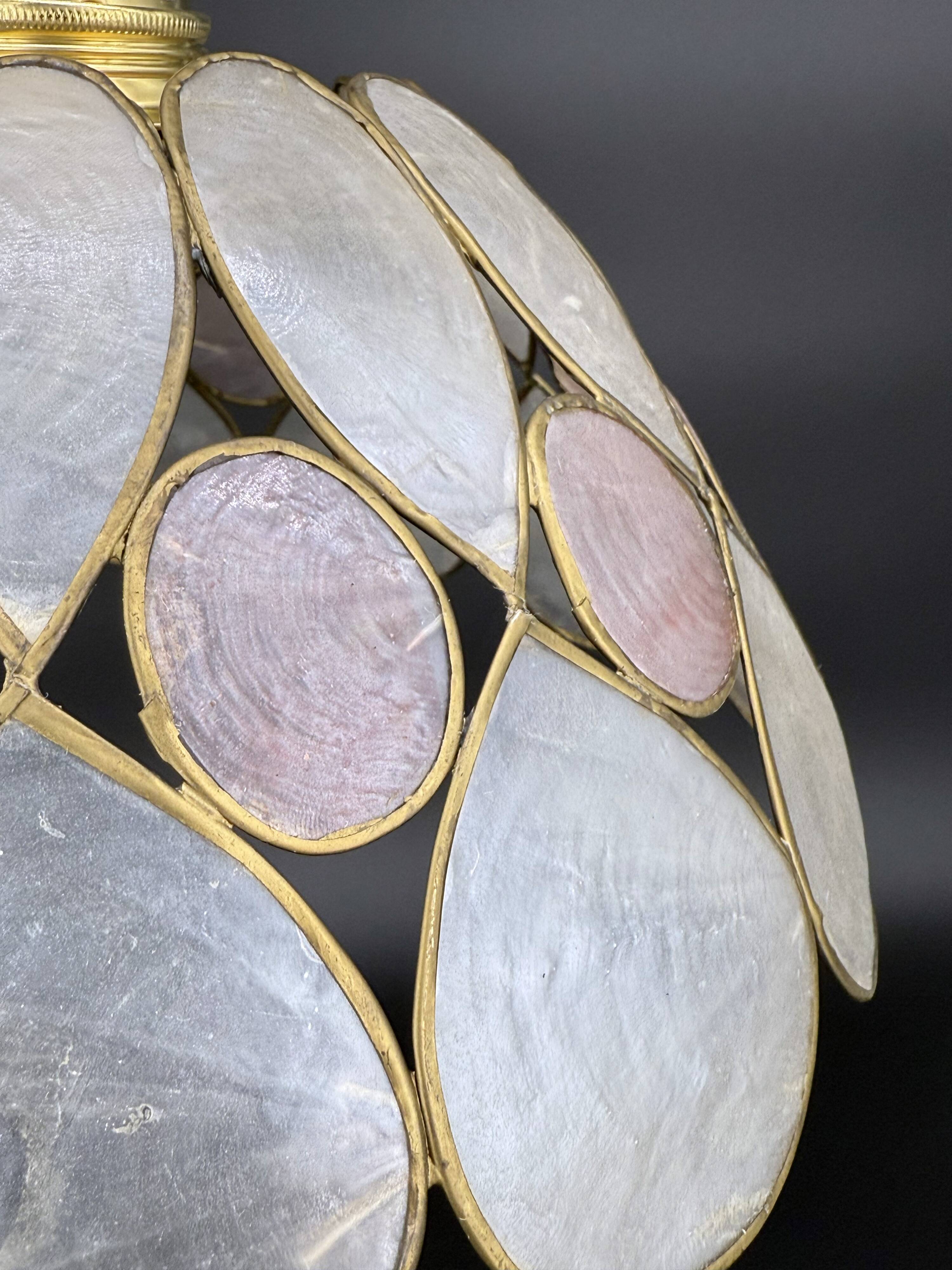 Vintage pink & white capiz petal pendant light – gold-plated brass