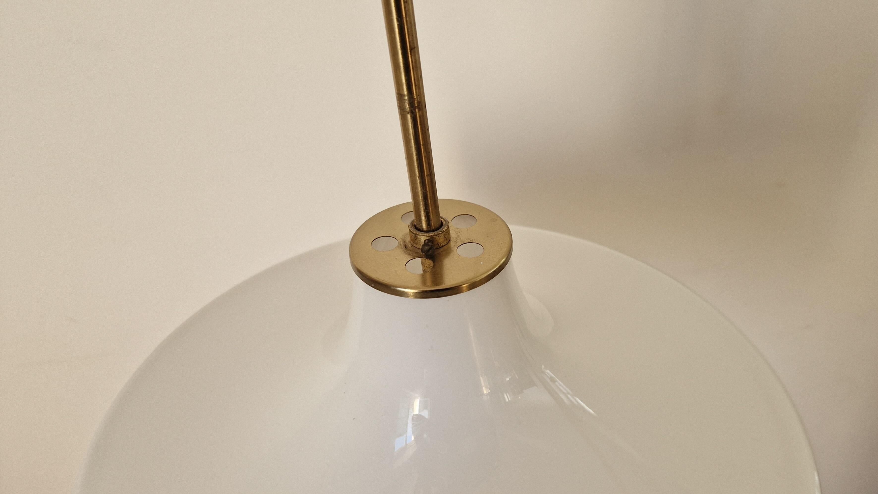 Rare Midcentury Brass and Milk Glass Pendant Kamenicky Senov, 1970s