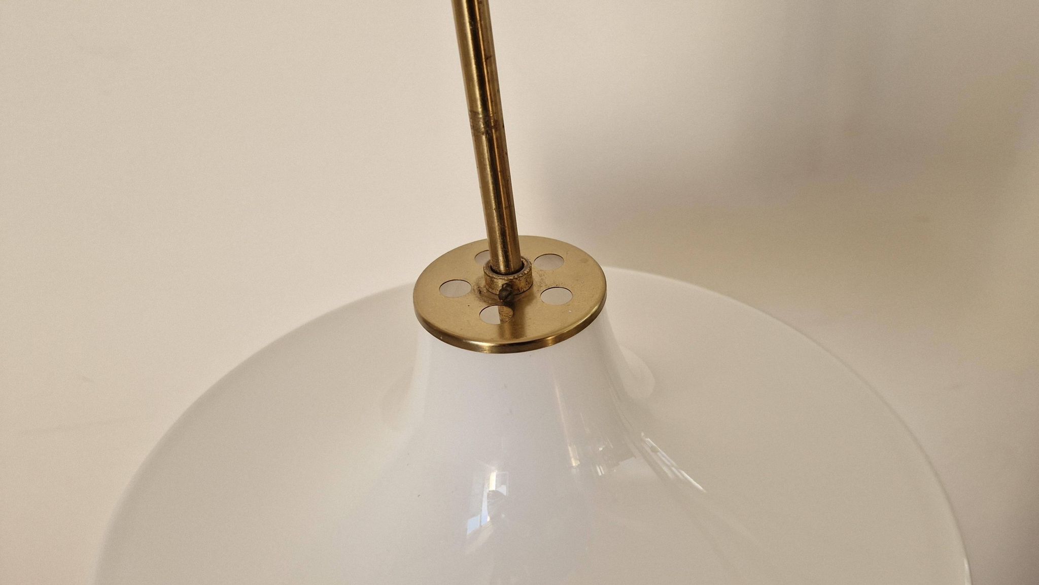 Rare Midcentury Brass and Milk Glass Pendant Kamenicky Senov, 1970s