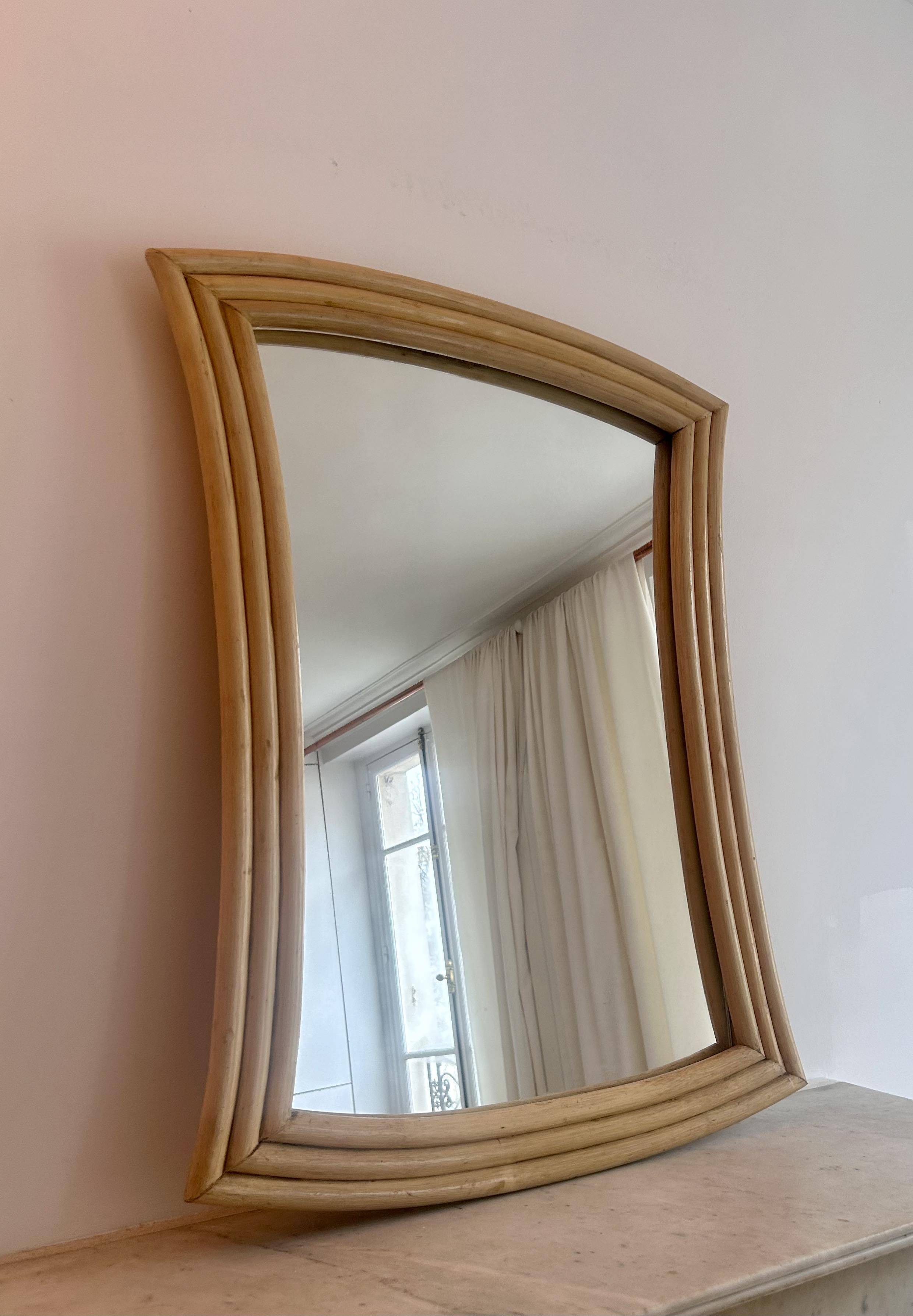 Vintage flared mirror, rattan, France 1970