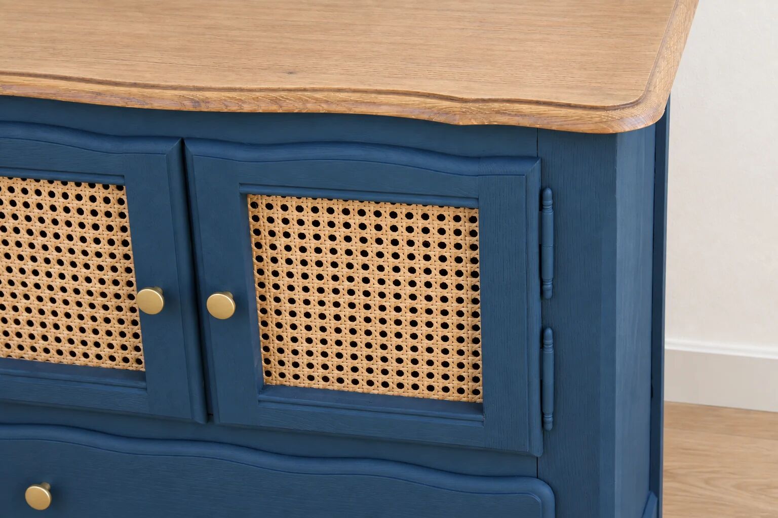 Small renovated vintage buffet in blue from Vosges, Libéron and caning – 2 doors, 2 drawers