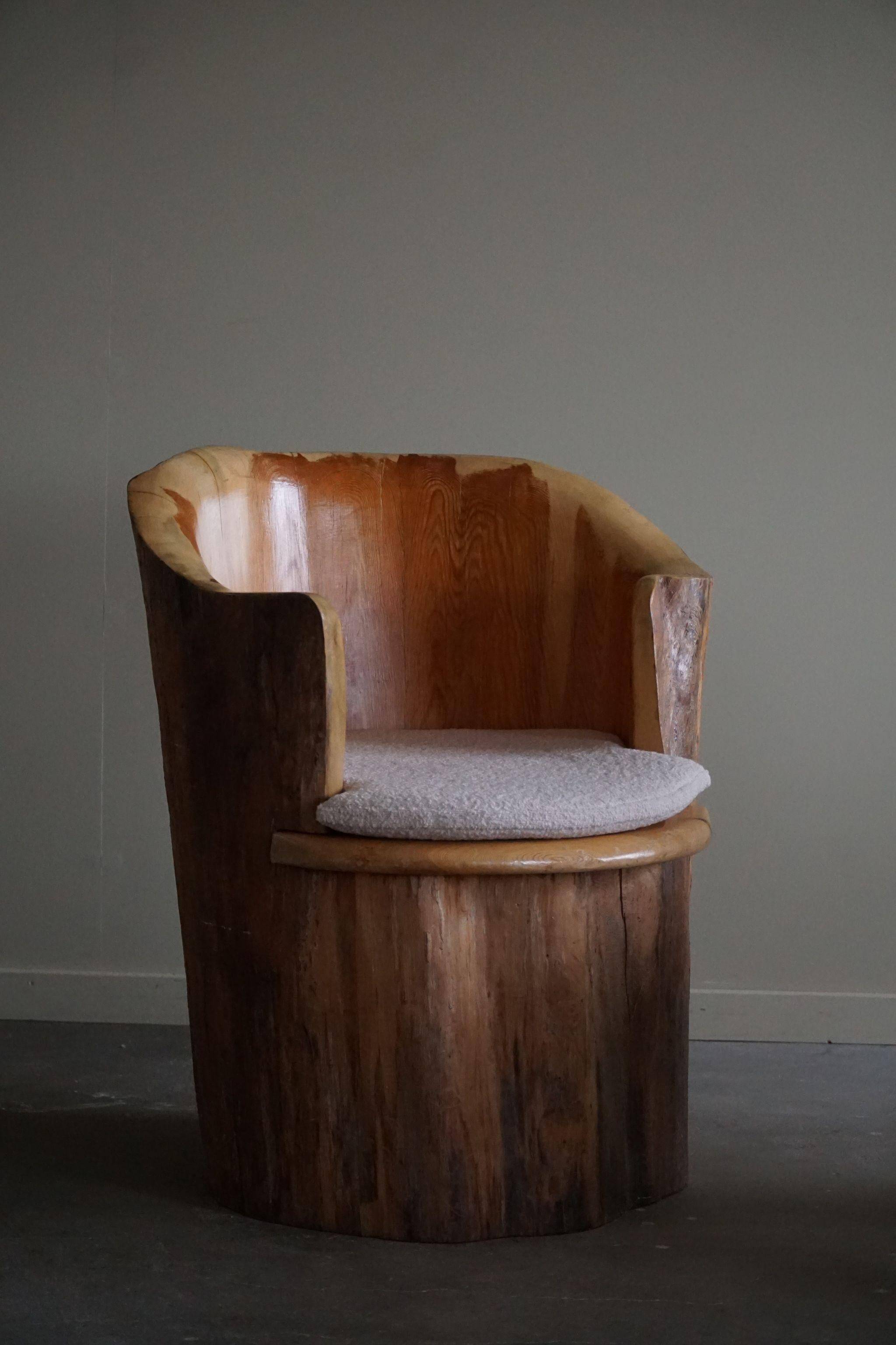 Sculptural stump chair, Brutalism, Wabi Sabi in solid pine, Swedish, 1968.