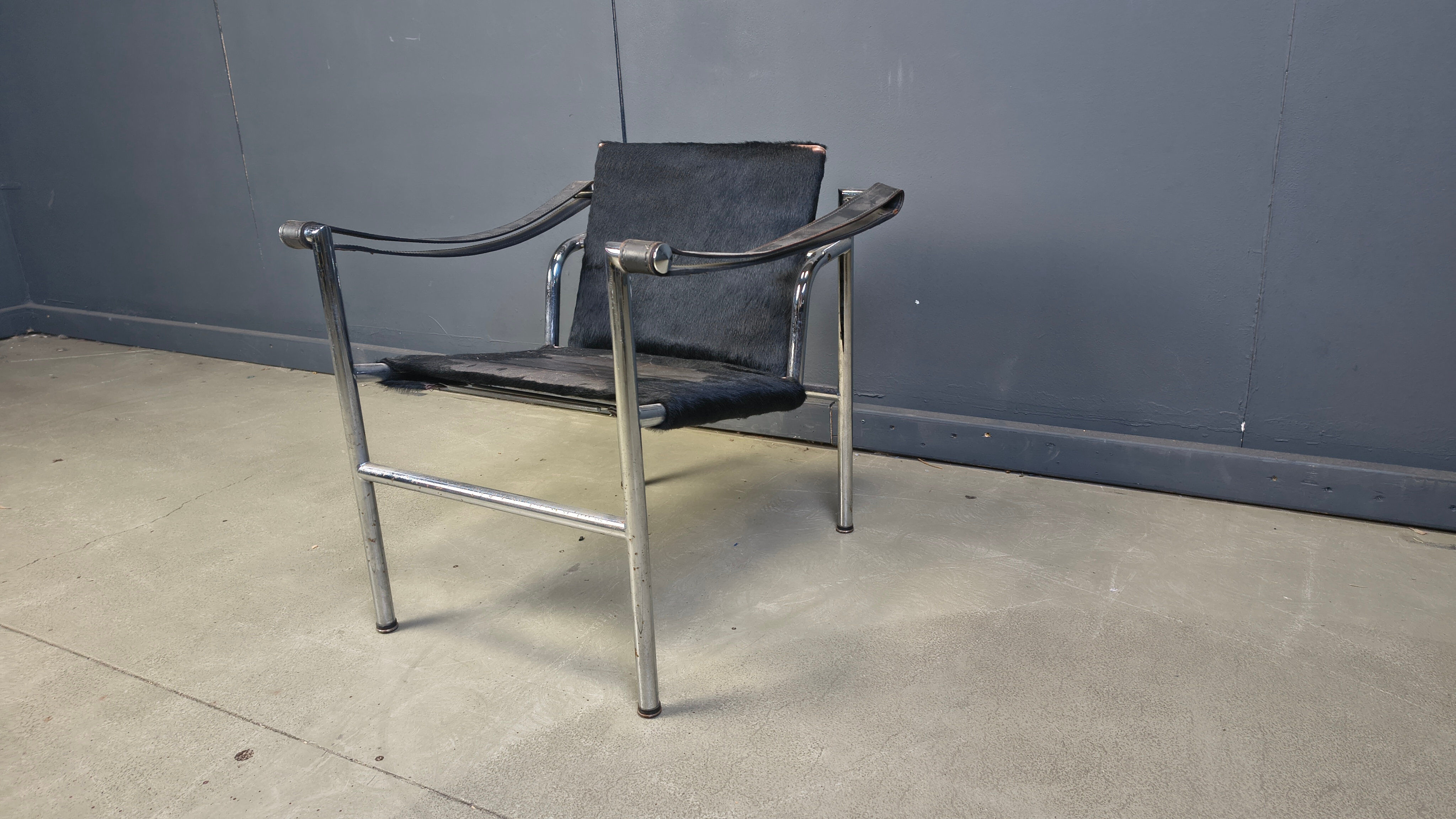 LC-1 chair in black ponyskin by Le Corbusier for Cassina 1970s