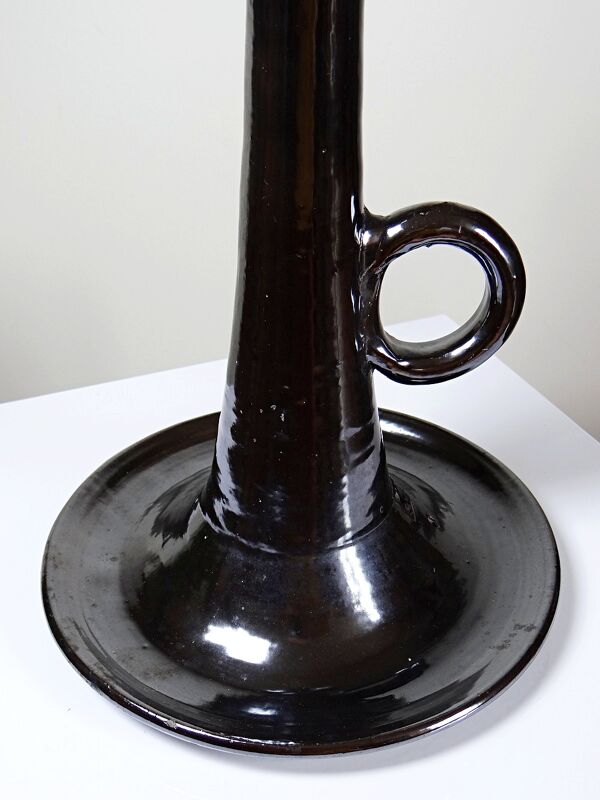 Grand bougeoir Biot en terre vernissée noire, ancien pied de lampe, années 60