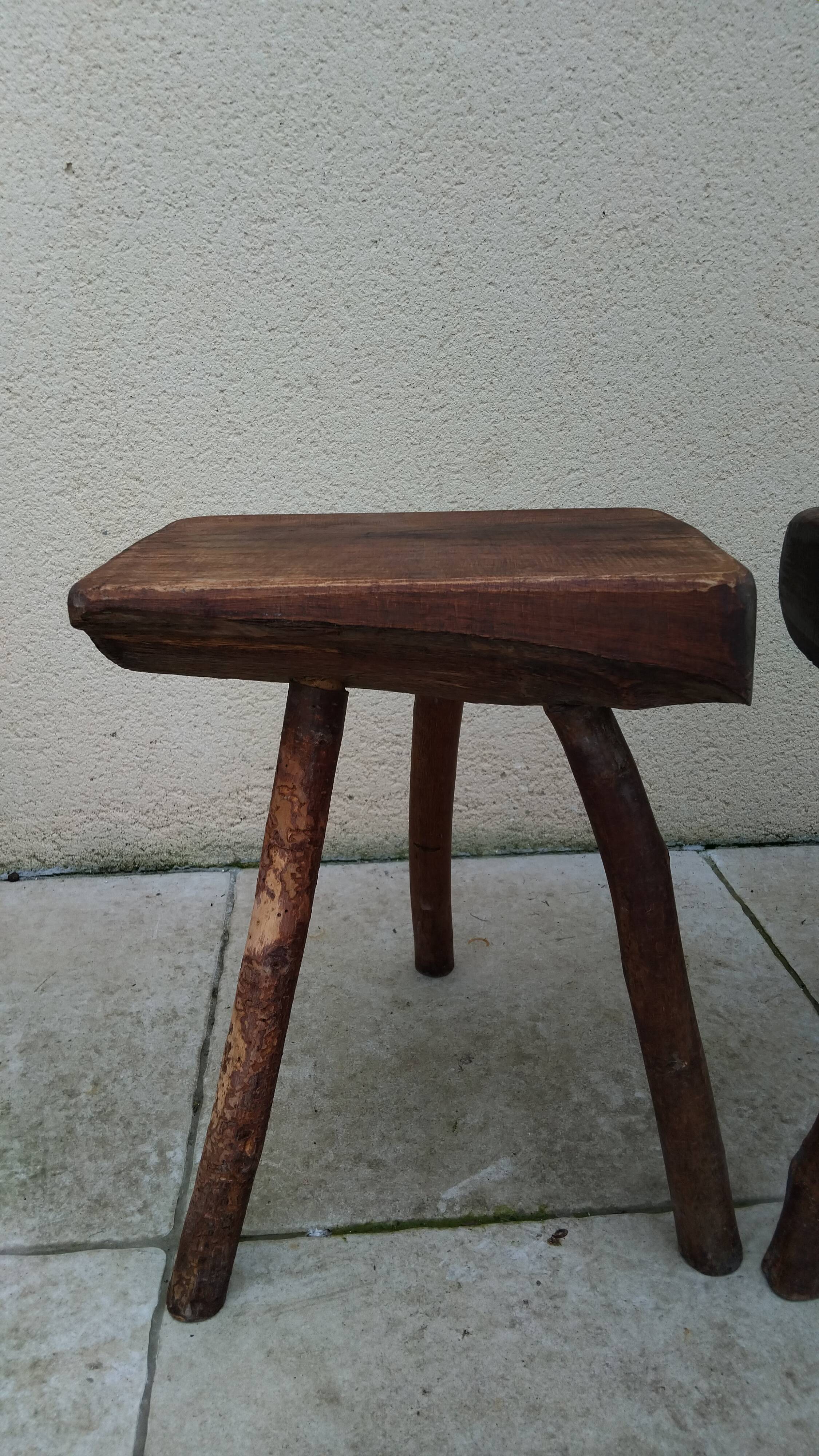 Pair of tripod stools, vintage brutalist style, solid wood