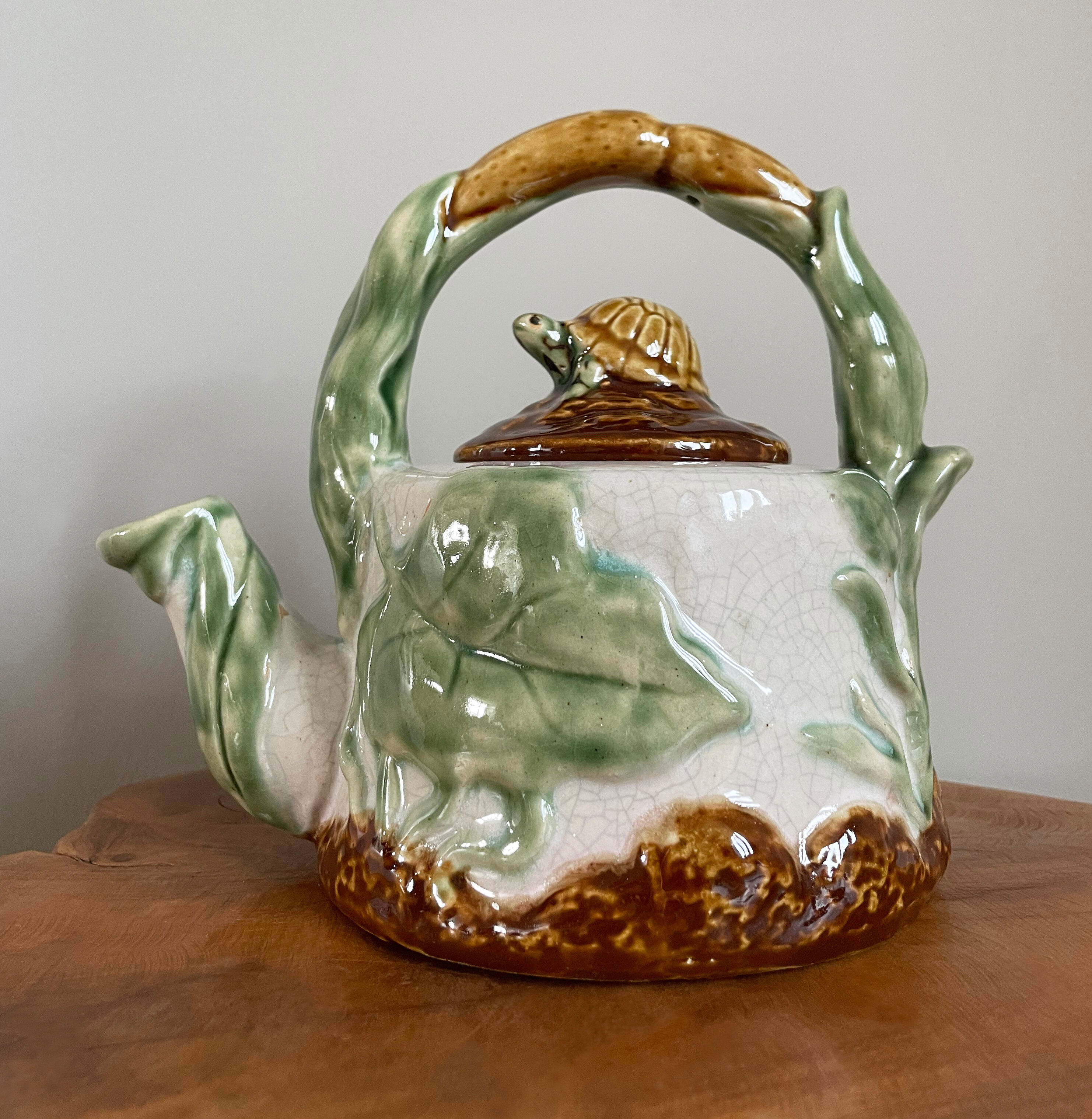 Chinese-American Majolica Turtle & Underwater Landscape Teapot, Vintage Shiwan Ware by RC Creations