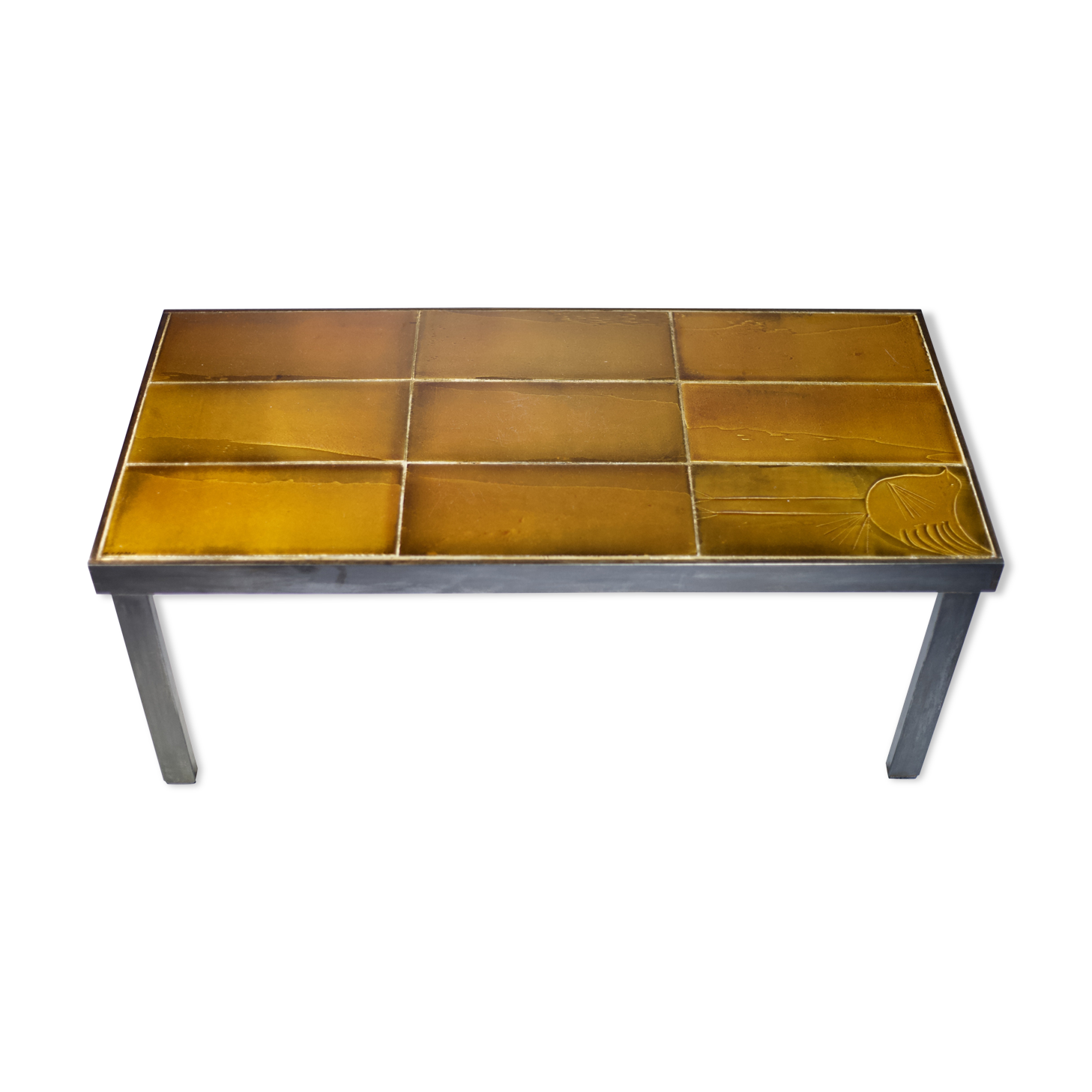 Coffee table signed Roger Capron, steel and ceramic, bird motif
