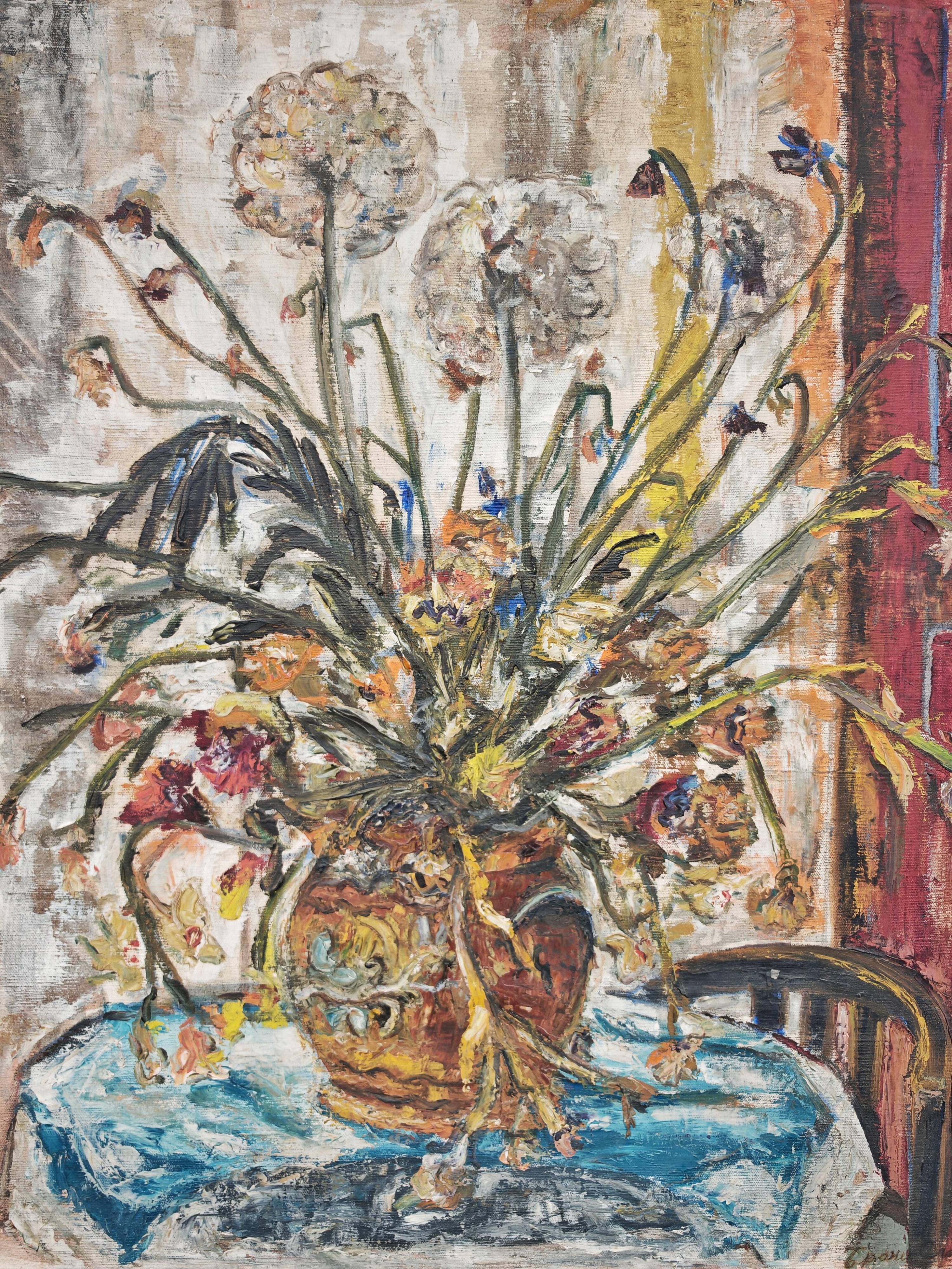 "Flowers", huile sur toile par Branislava Modelska-Jovanovic 1963