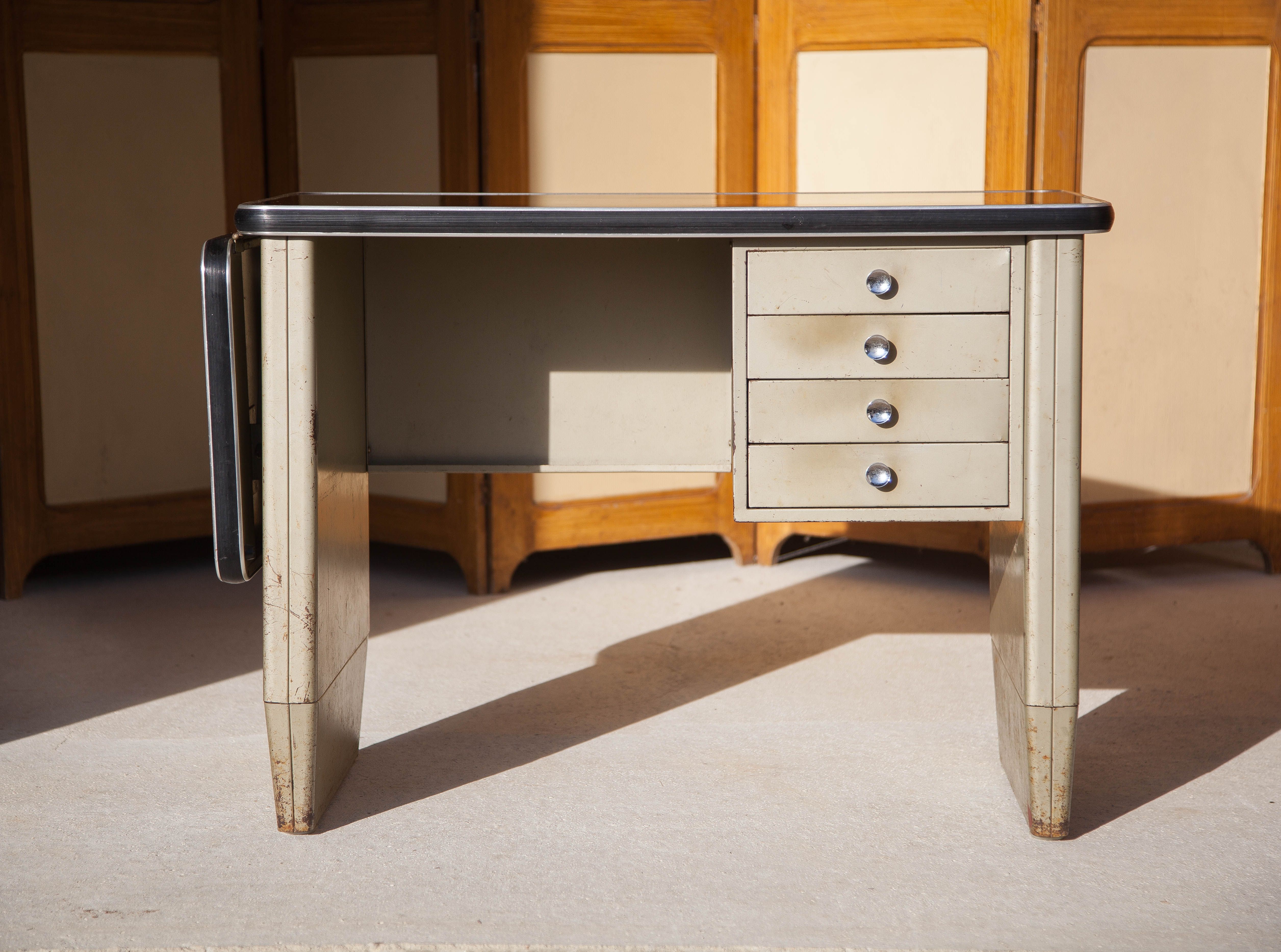 Vintage metal desk, desk with drawers and folding shelf, vintage desk