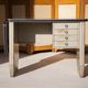 Vintage metal desk, desk with drawers and folding shelf, vintage desk