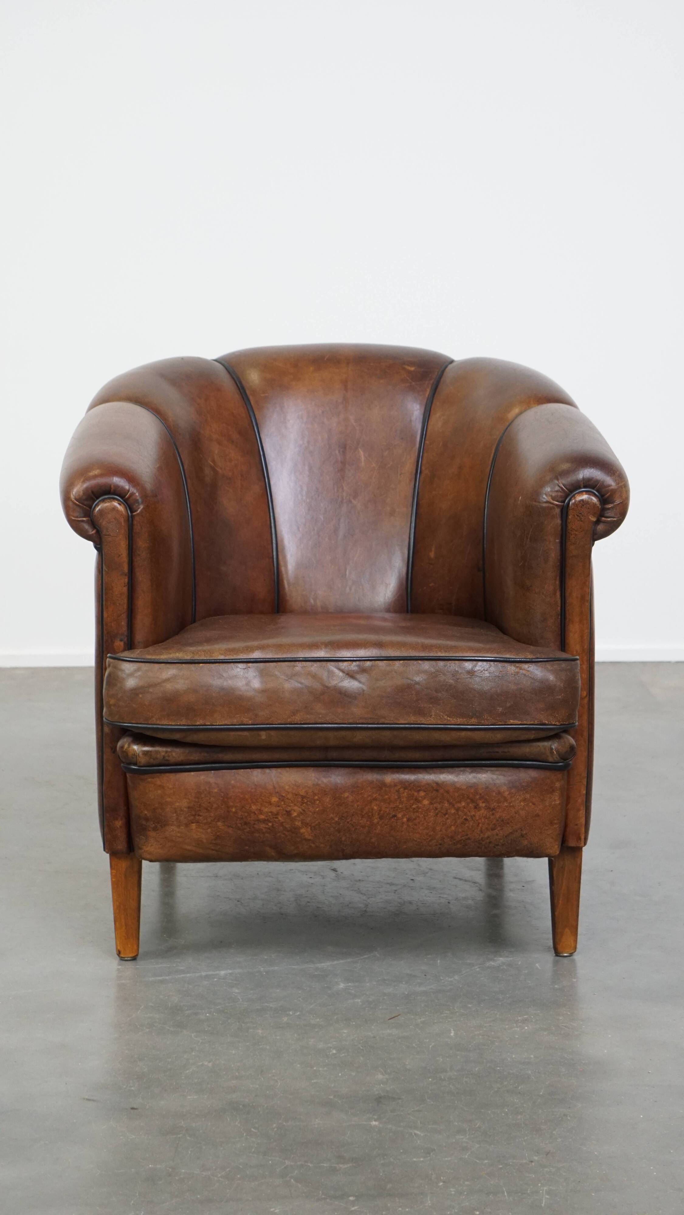 Dark Sheepskin Leather Club Chair with Black Piping