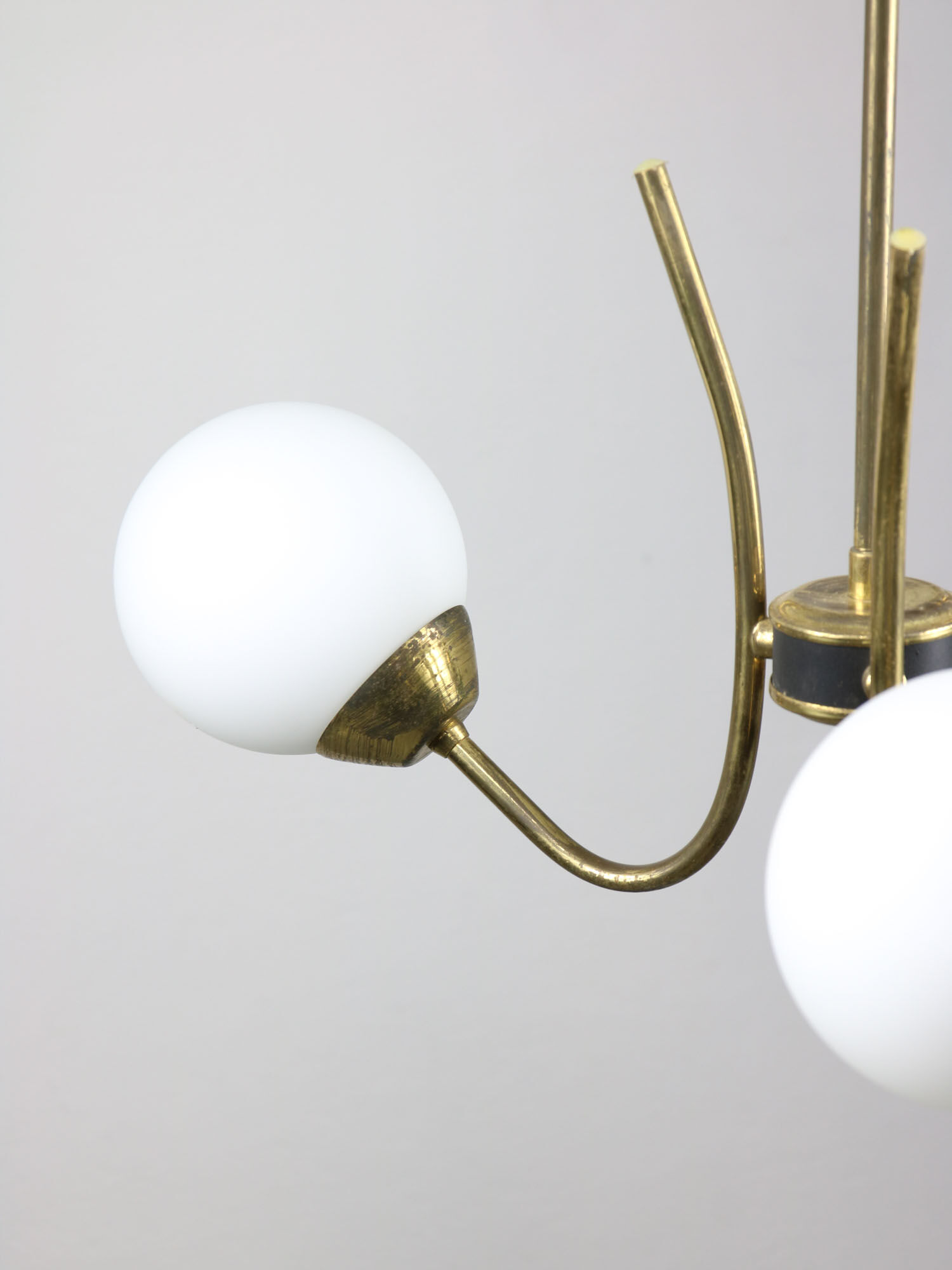 Italian Mid-century Brass and Opaline Glass Chandelier