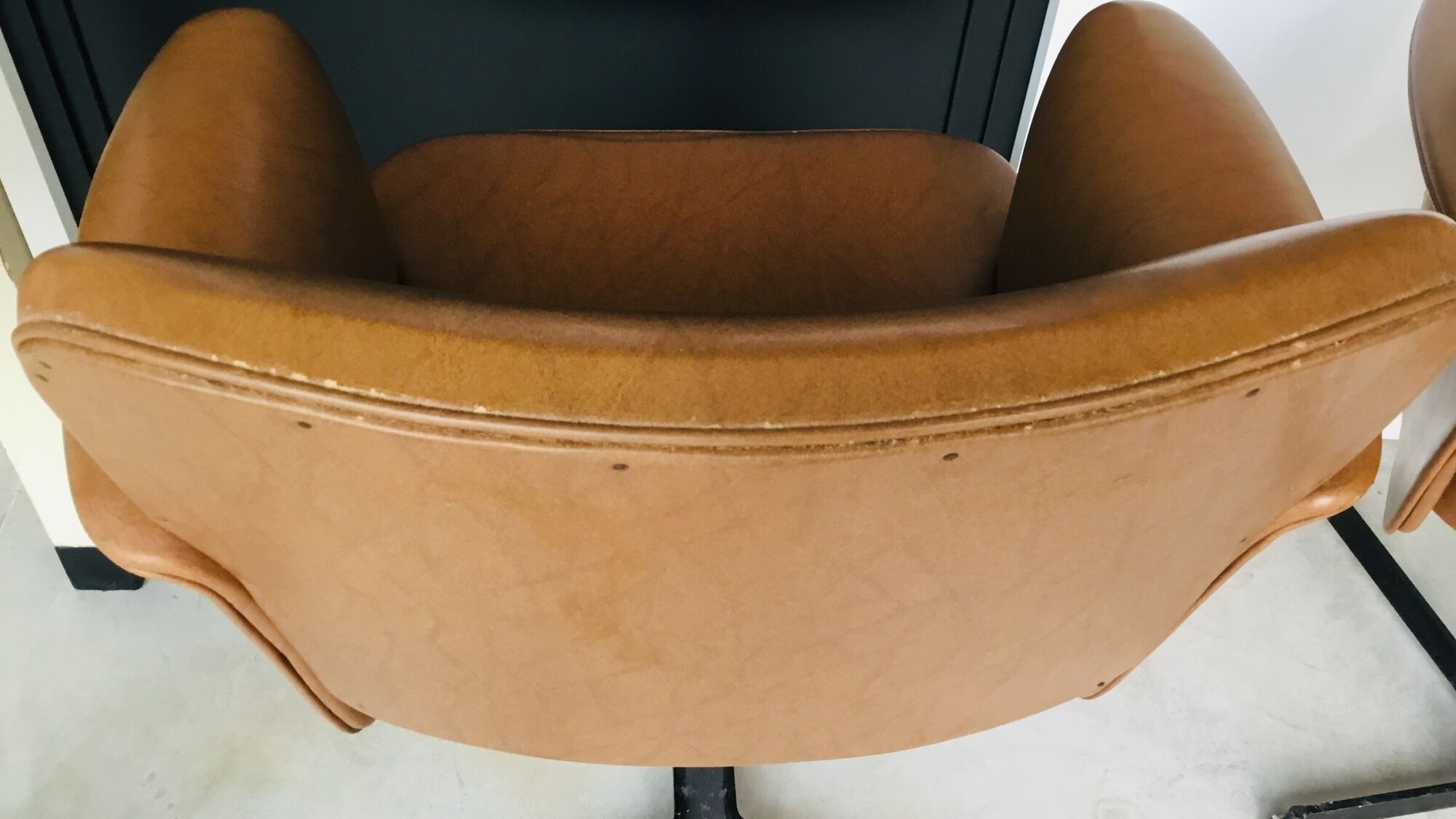 Pair of brown faux leather armchairs - black metallic footing - 1960