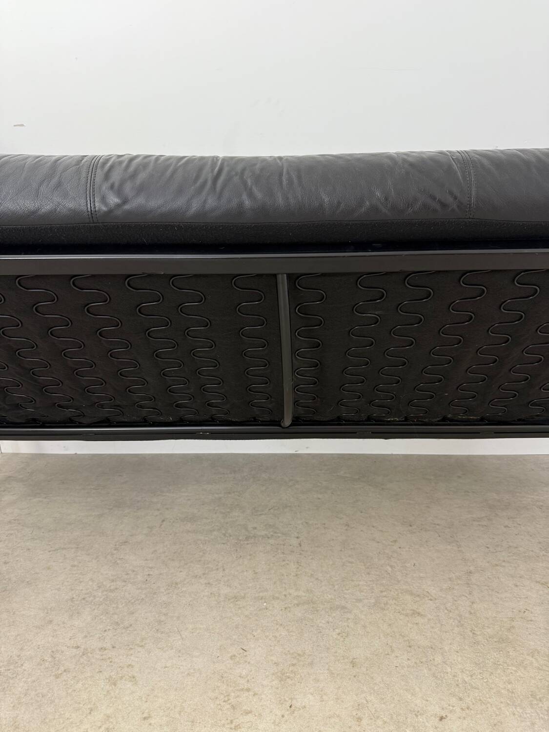 Old 3-seater sofa in tubular and black leather by Kébé, Denmark 1970s