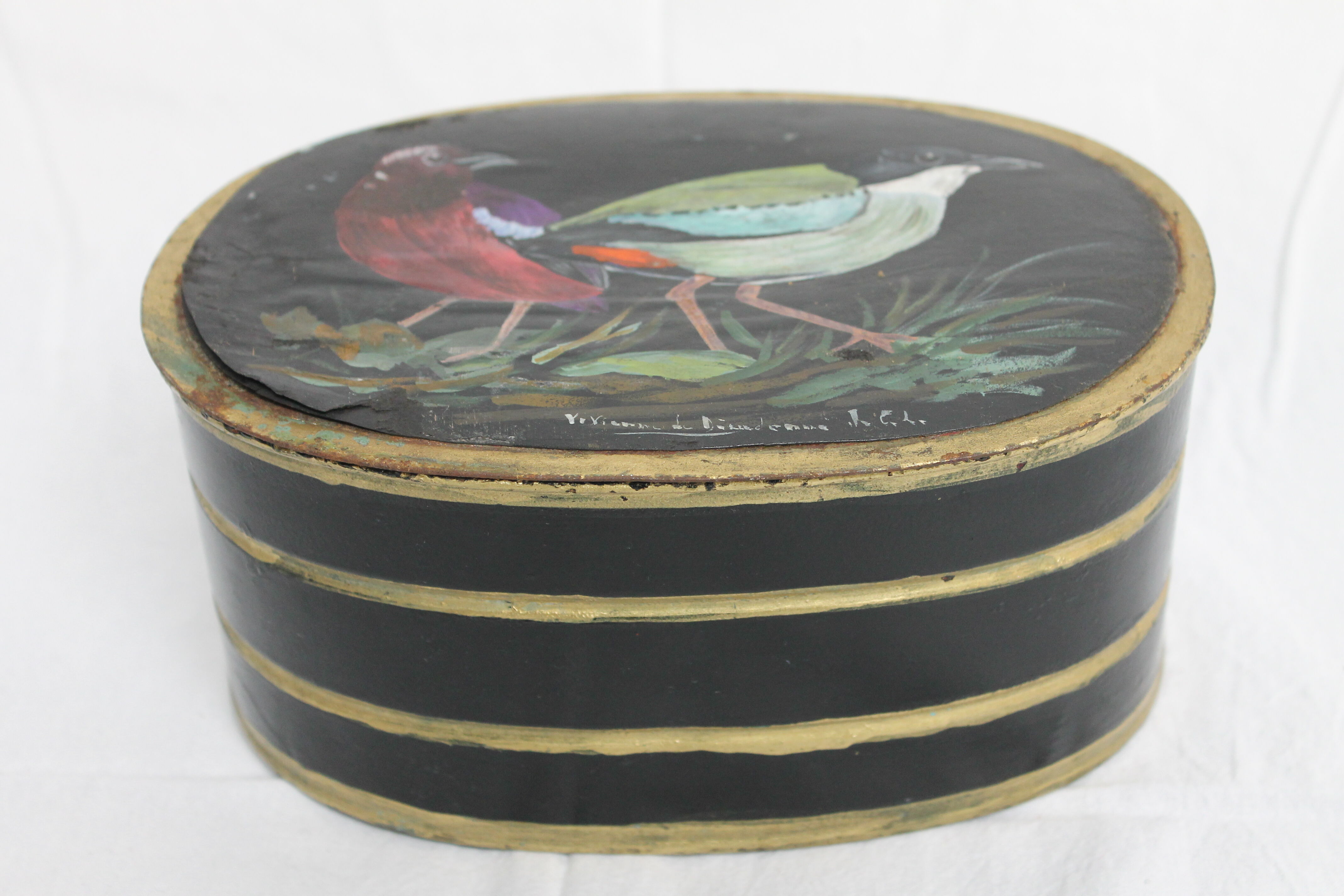 Napoleon III style metal box with painted and signed leather