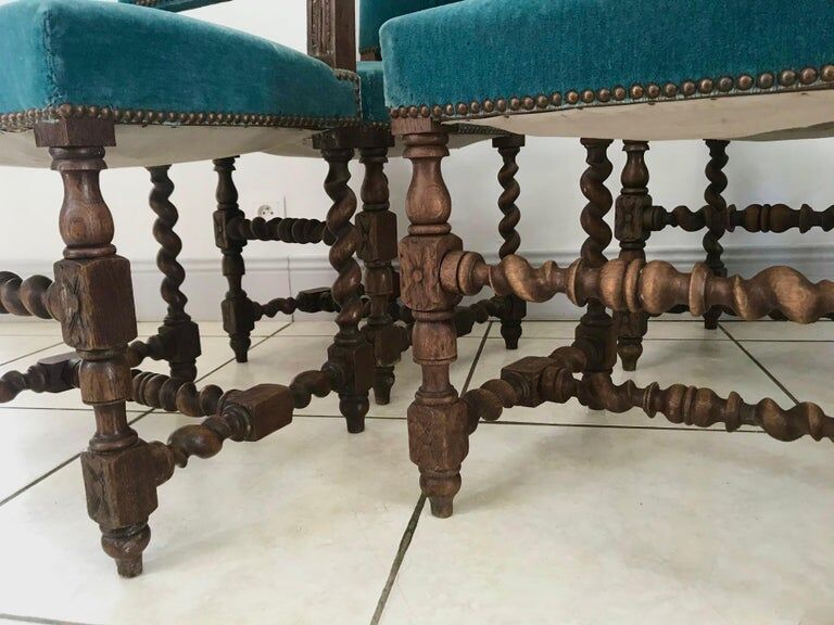 Set of 6 blue velvet chairs in Louis XIII 19th century style